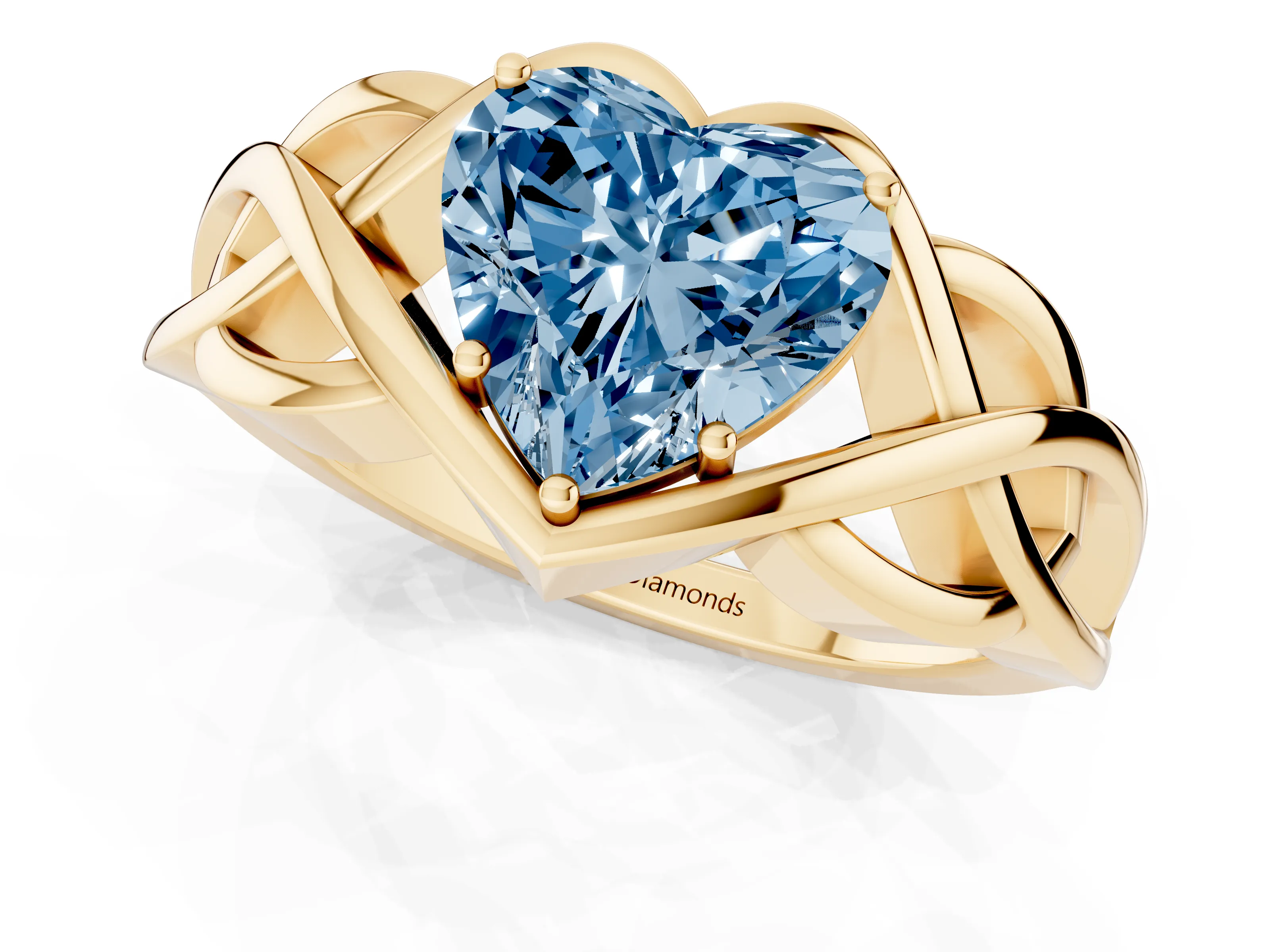 Fancy Blue Heart Cut Diamond Solitaire Ring Set in Yellow gold with Intertwined Band