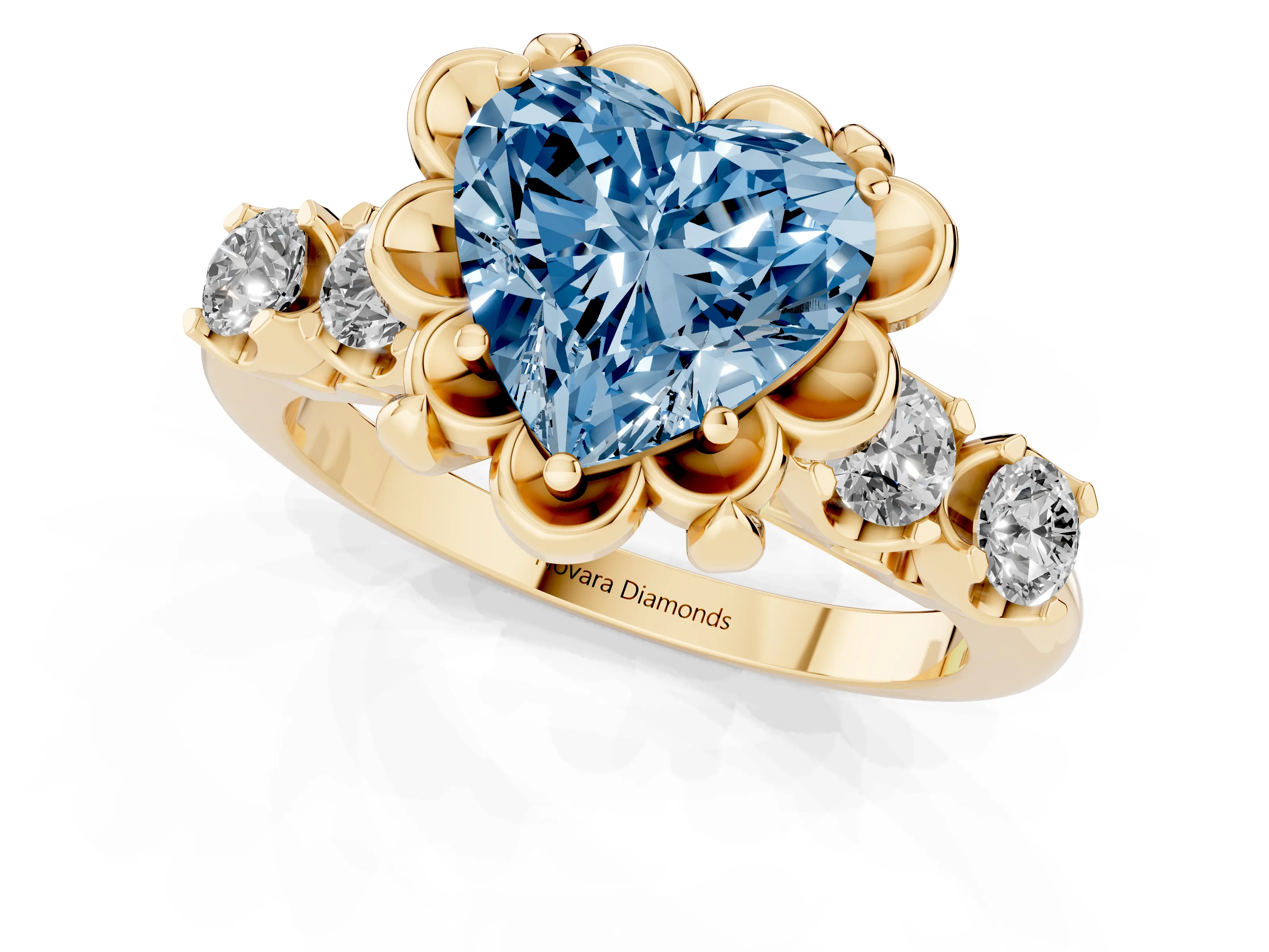 Fancy Blue Heart Cut Diamond Floral Halo Ring Set in Yellow gold with Shared Prong Band