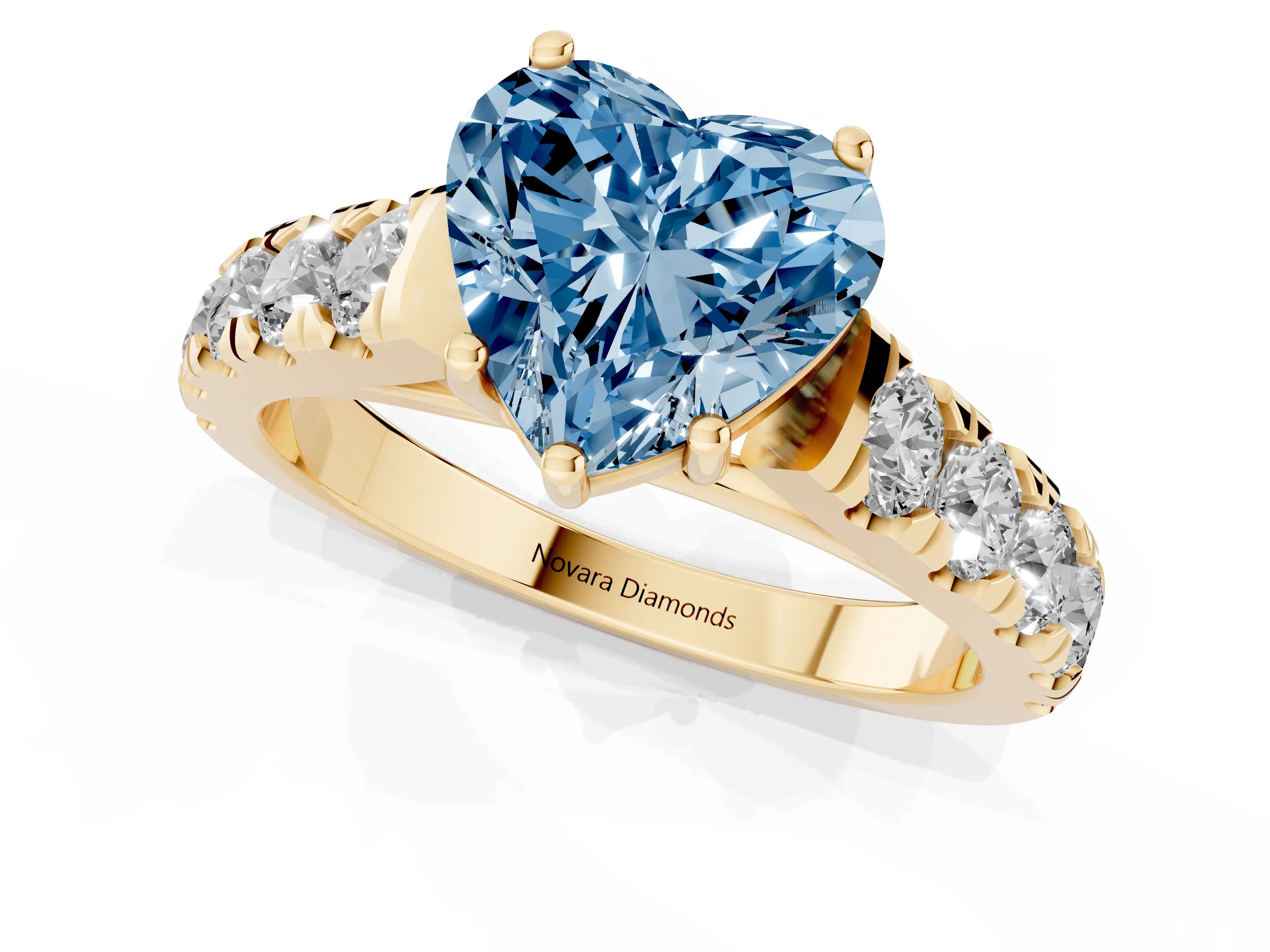 Fancy Blue Heart Cut Diamond Solitaire Ring Set in Yellow gold with Cut-Down Micro Pavé Band and Prong Setting