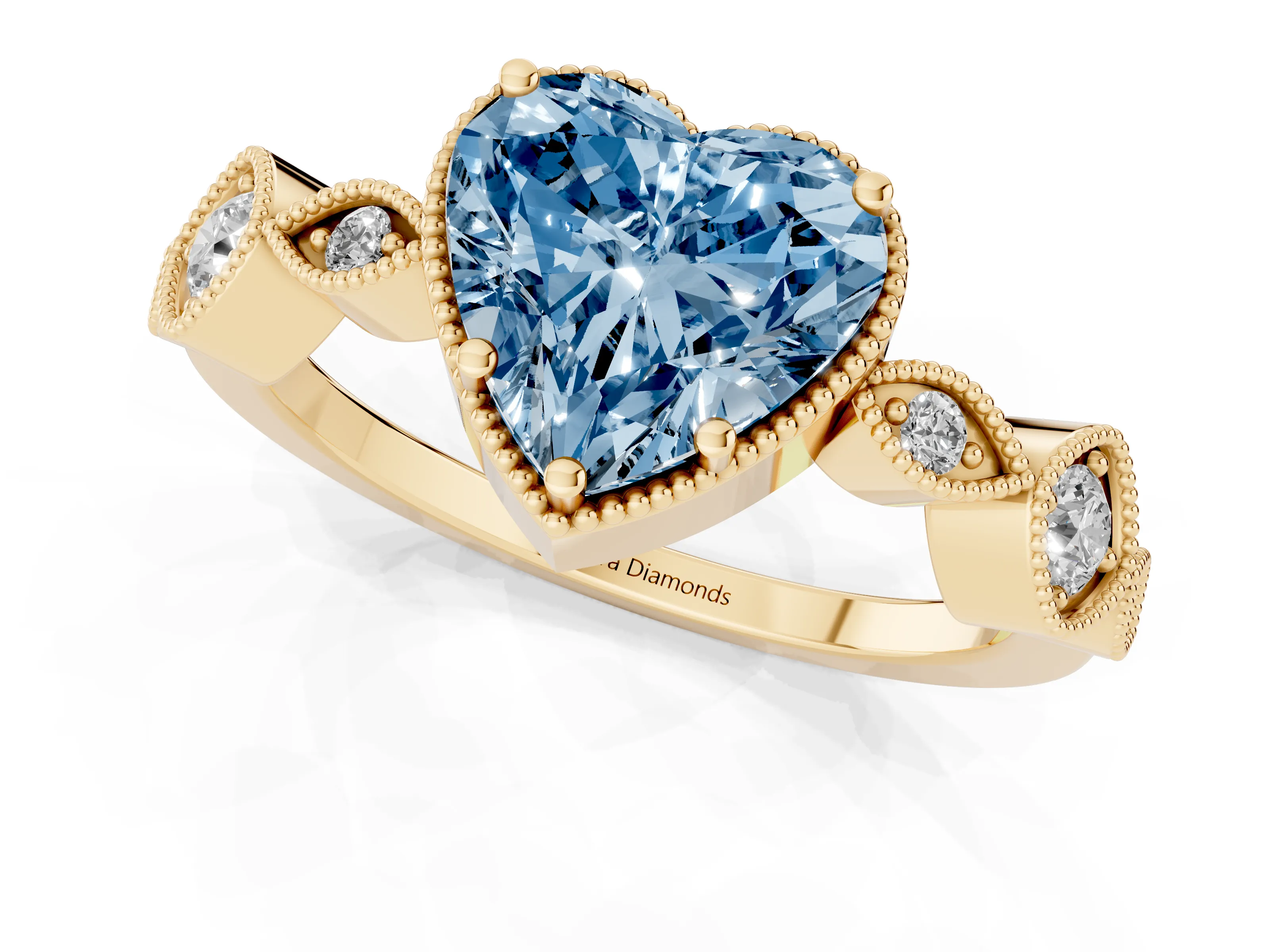 Fancy Blue Heart Cut Diamond Vintage-Inspired Milgrain Ring Set in Yellow gold with Marquise Stations of Round Accents
