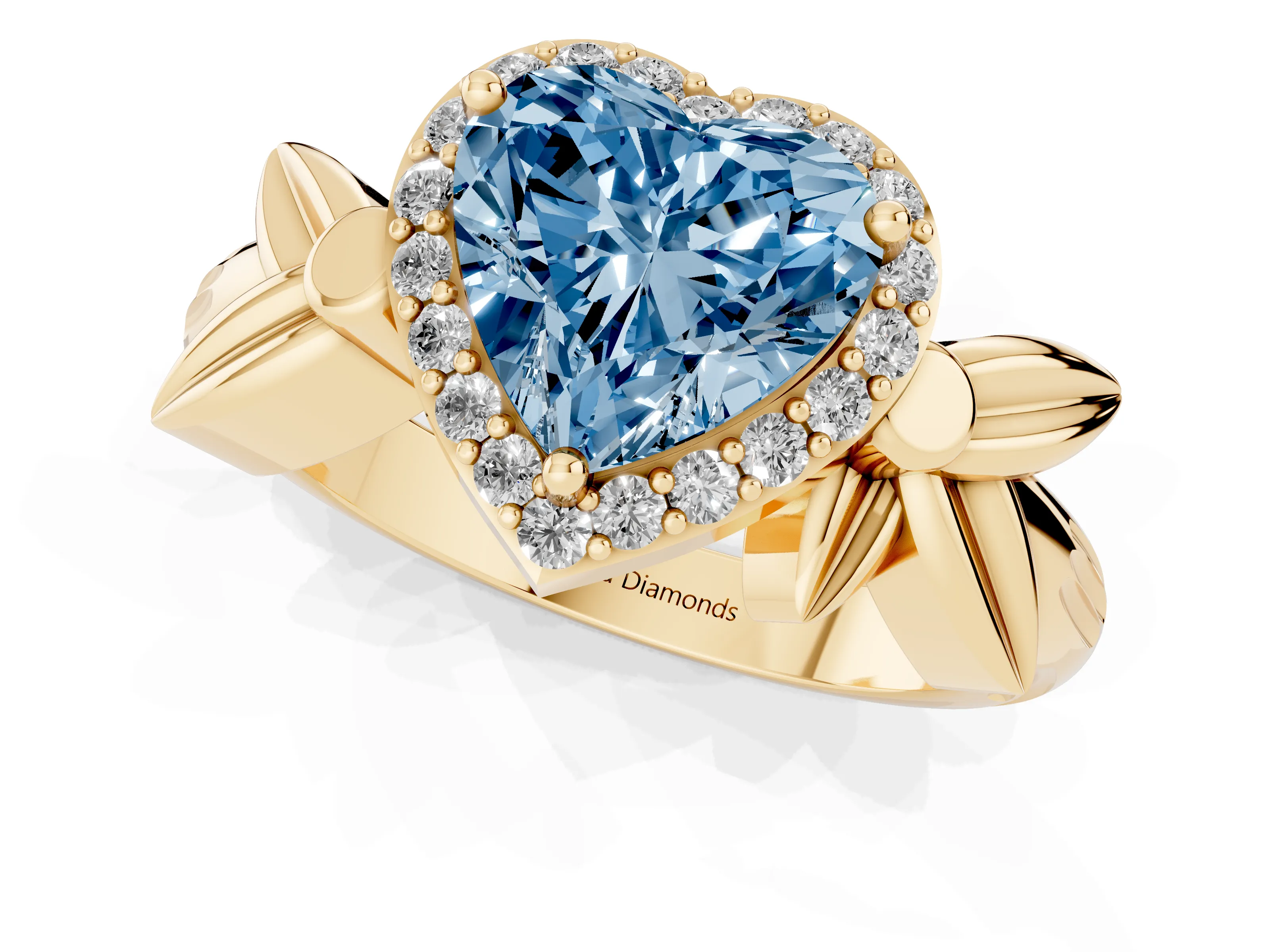 Fancy Blue Heart Cut Diamond Halo Floral Band Ring Set in Yellow gold with Prong Setting