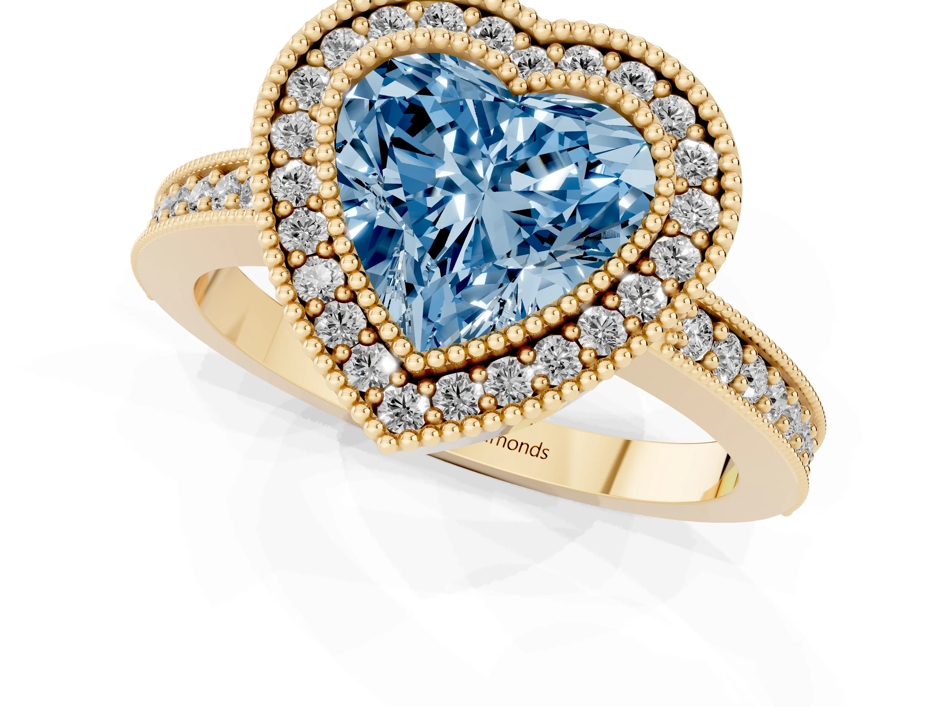 Fancy Blue Heart Cut Diamond Halo Engagement Ring Set in Yellow gold with Pavé Band and Round Halo Stones