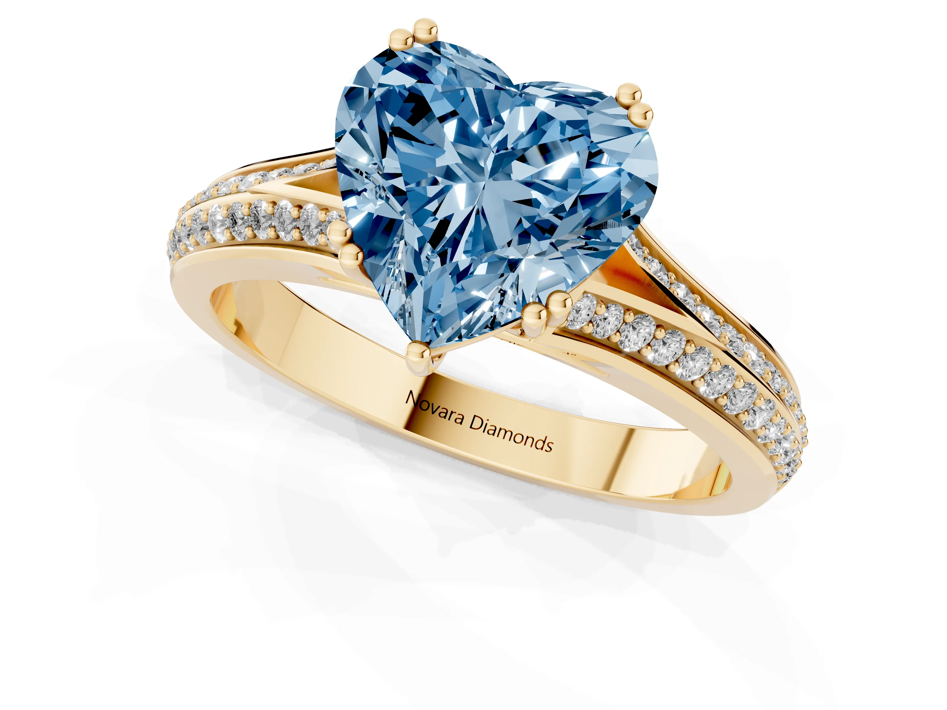 Fancy Blue Heart Cut Diamond Split Shank Pavé Engagement Ring Set in Yellow gold with Prong-Set Center Stone
