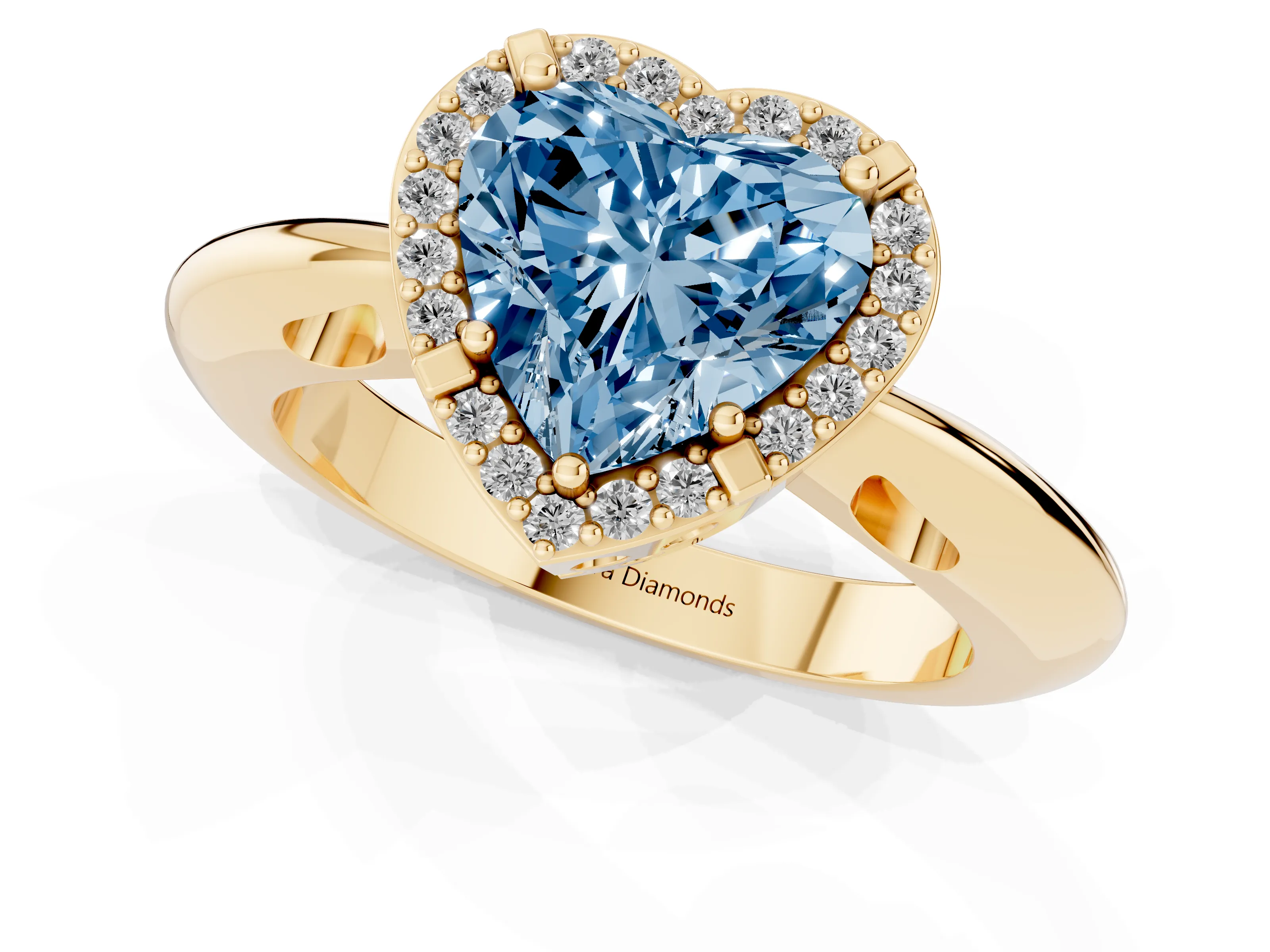 Fancy Blue Heart Cut Diamond Halo Engagement Ring Set in Yellow gold with Plain Split Shank and Prong Setting