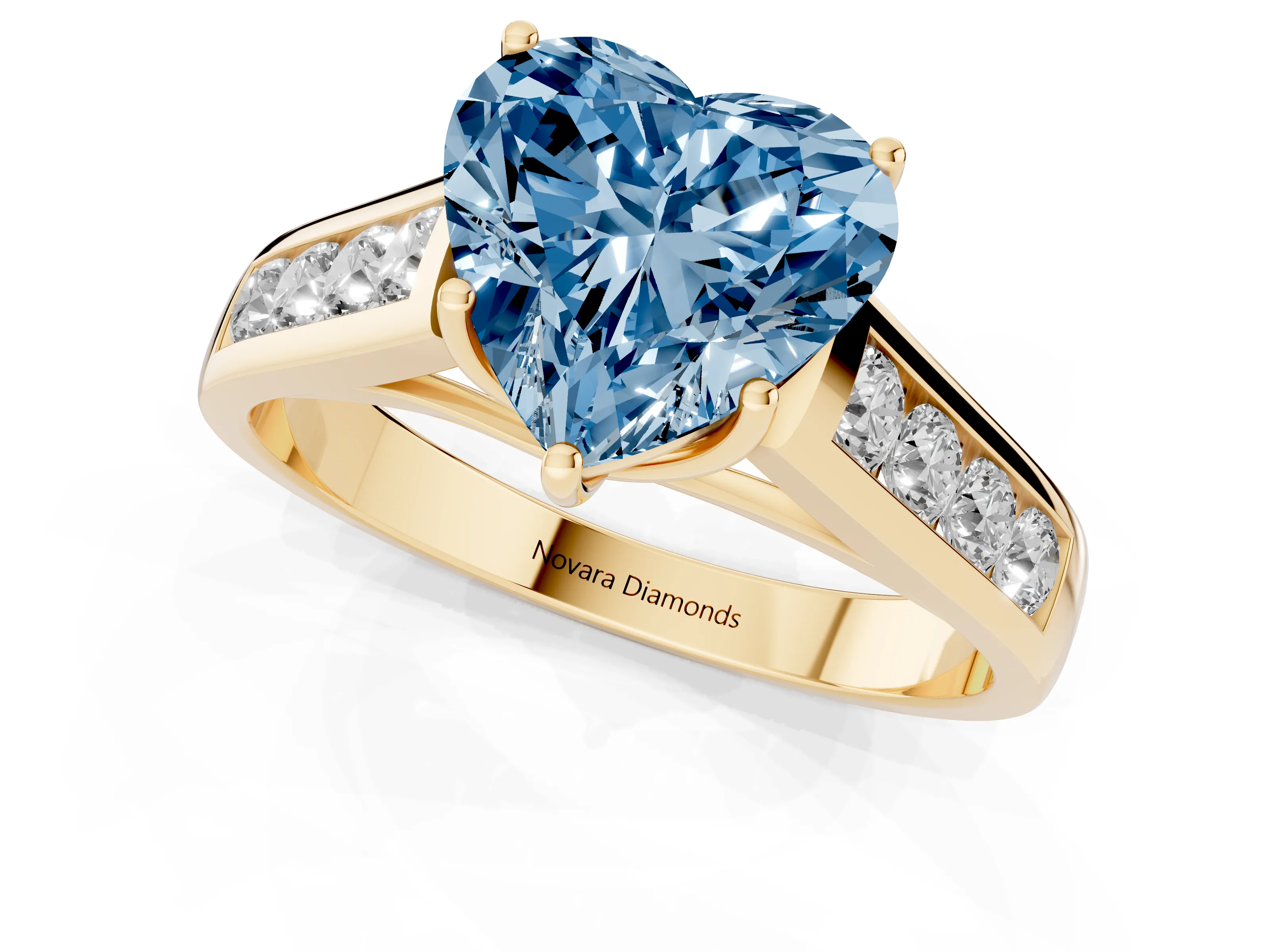 Fancy Blue Heart Cut Diamond Solitaire Channel-Set Engagement Ring Set in Yellow gold with Prong Setting