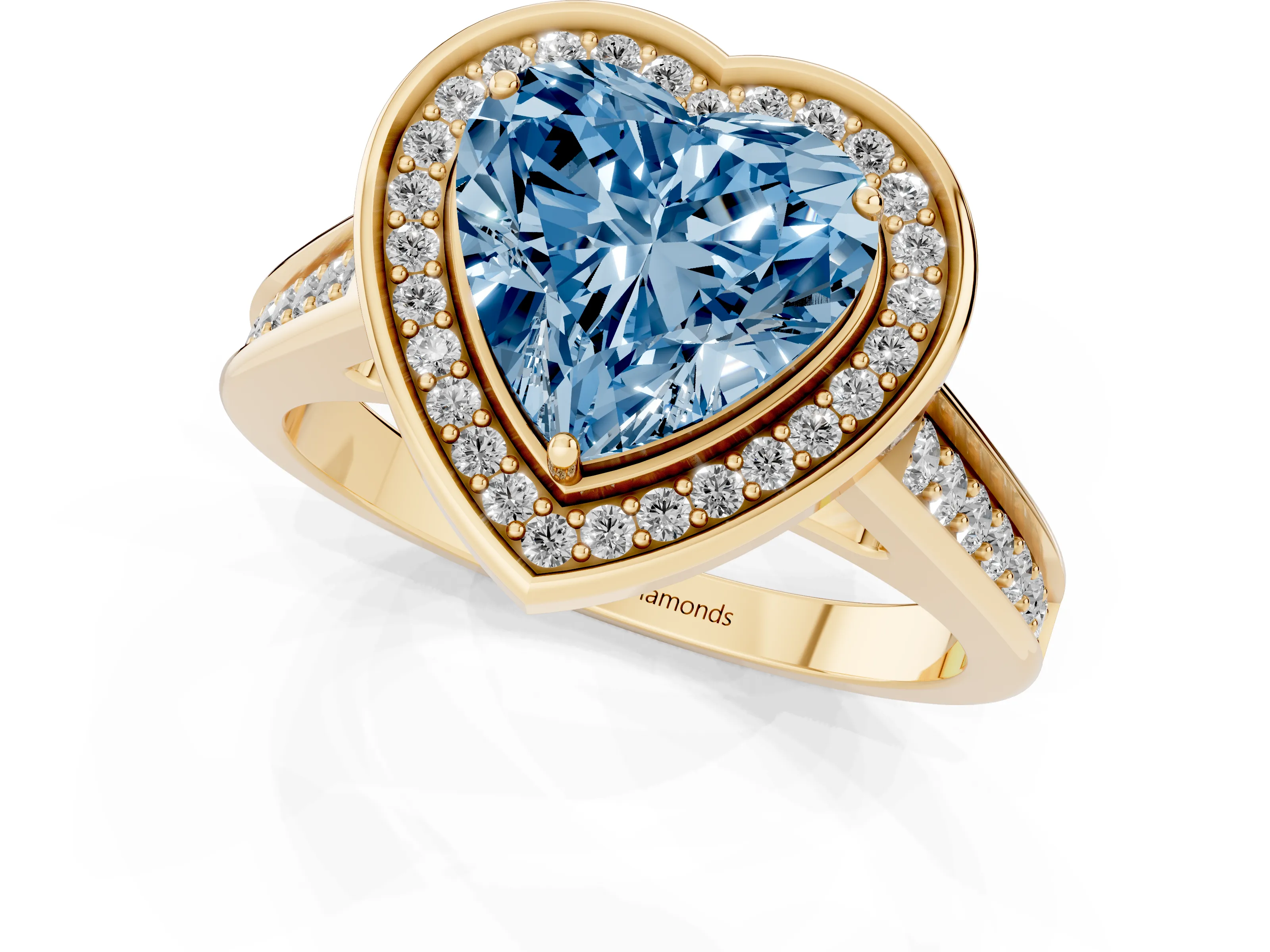 Fancy Blue Heart Cut Diamond Halo Solitaire Ring Set in Yellow gold with Pavé Band and Bezel Setting