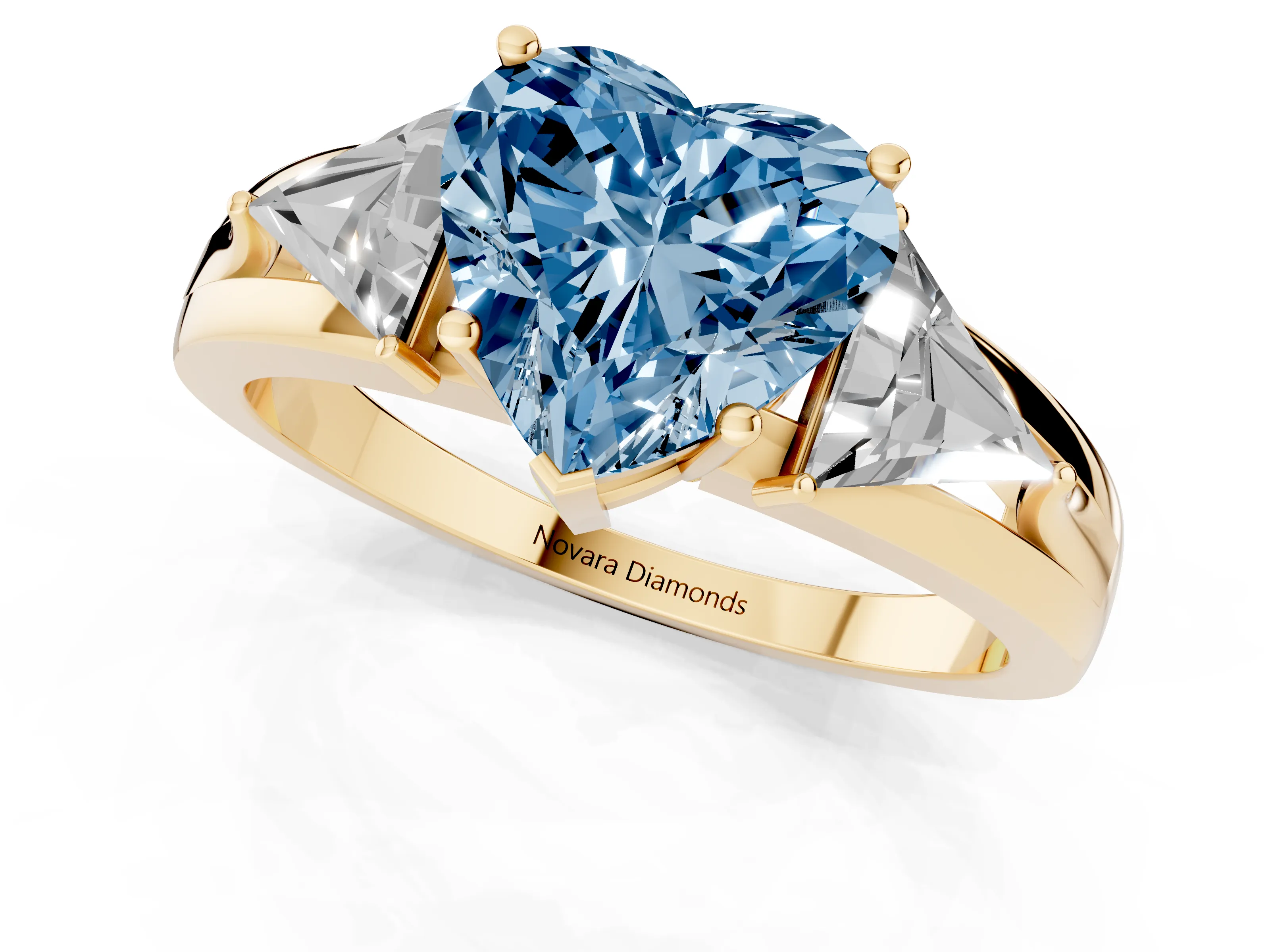 Fancy Blue Heart Cut Diamond Three-Stone Ring Set in Yellow gold with Trillion Side Stones and Split Shank – second view