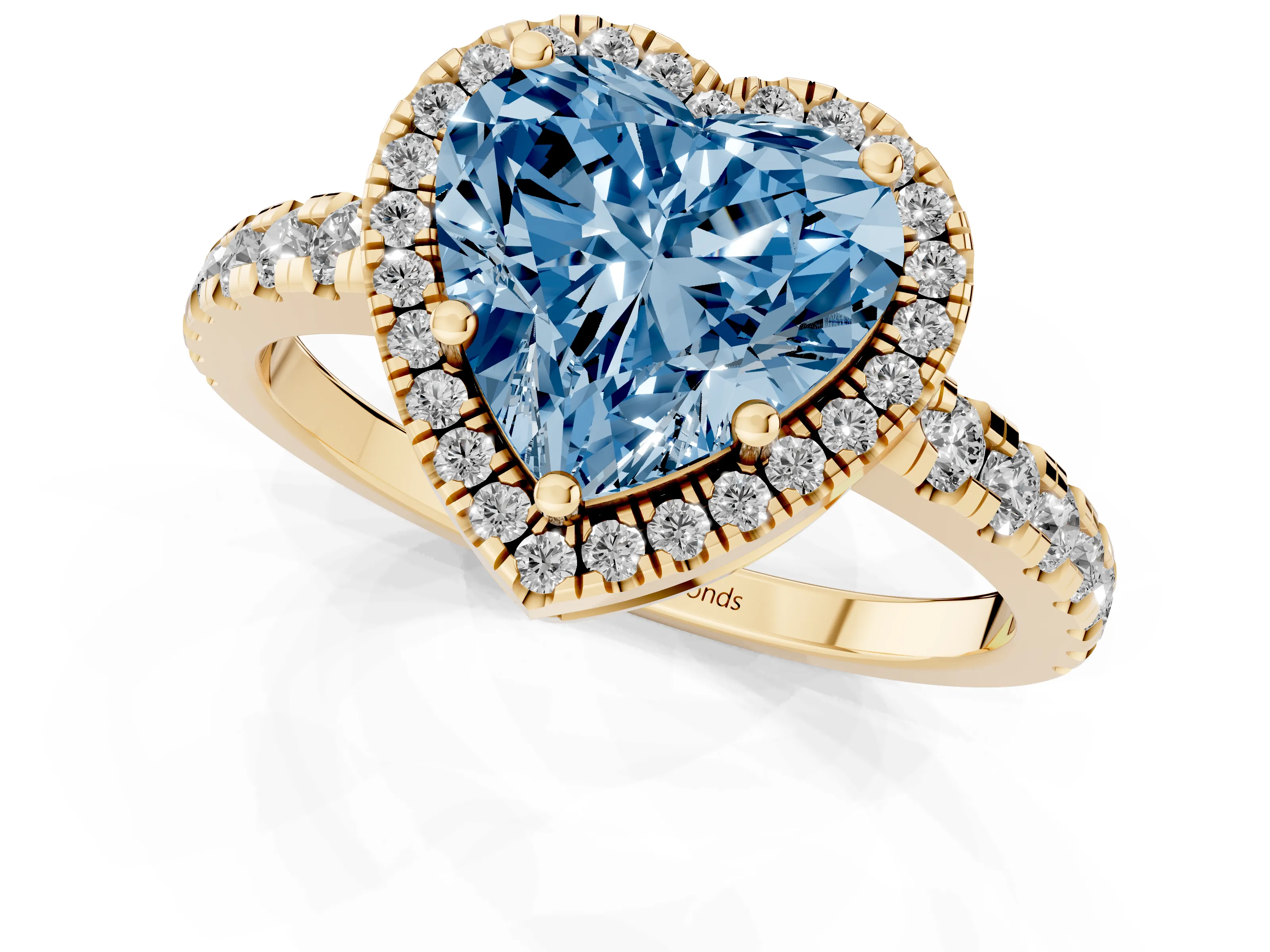 Fancy Blue Heart Cut Diamond Halo Ring Set in Yellow gold with Delicate Pavé Band and Prong Setting