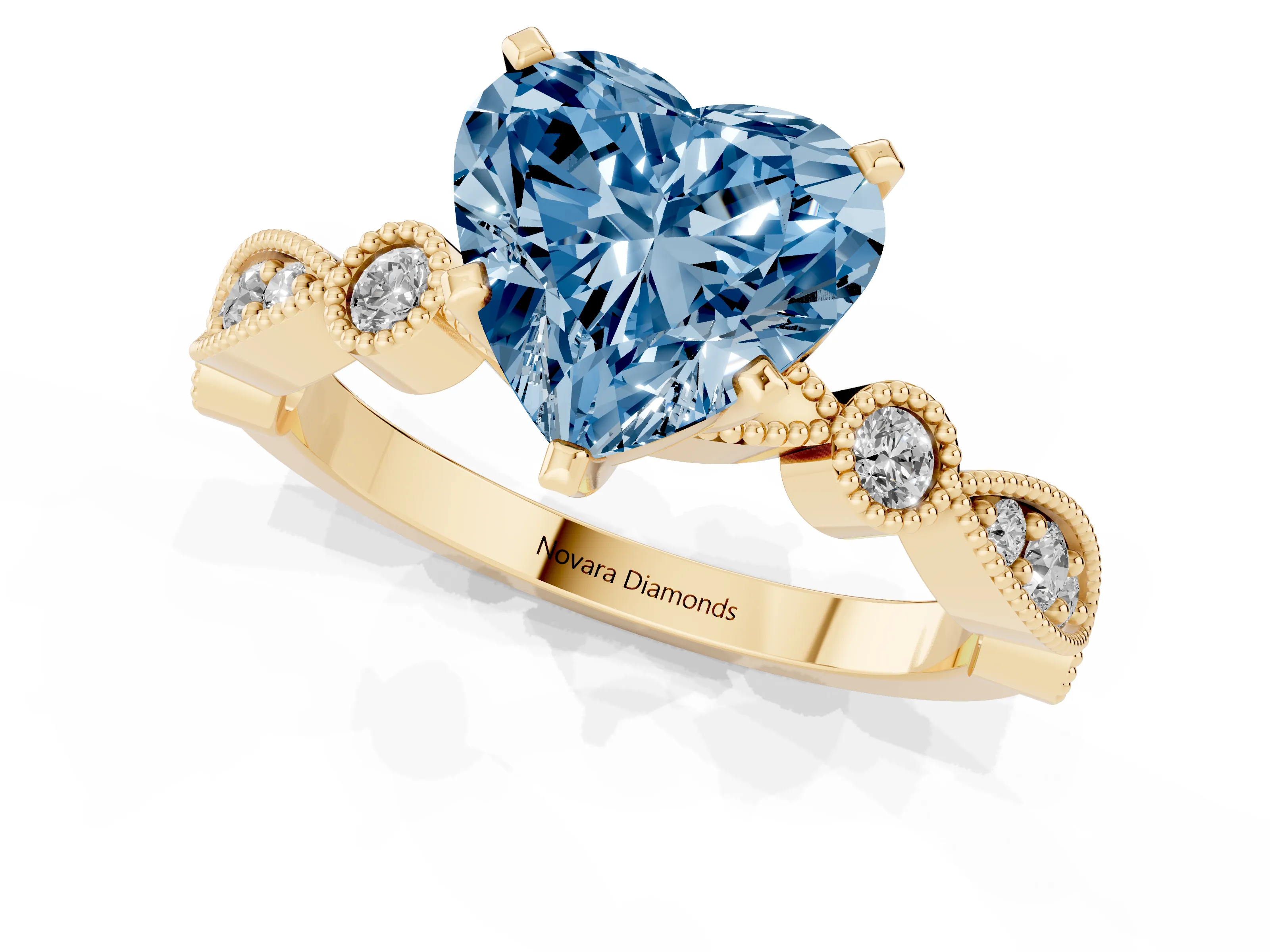 Fancy Blue Heart Cut Diamond Solitaire Engagement Ring Set in Yellow gold with Milgrain Bezel Accent Band