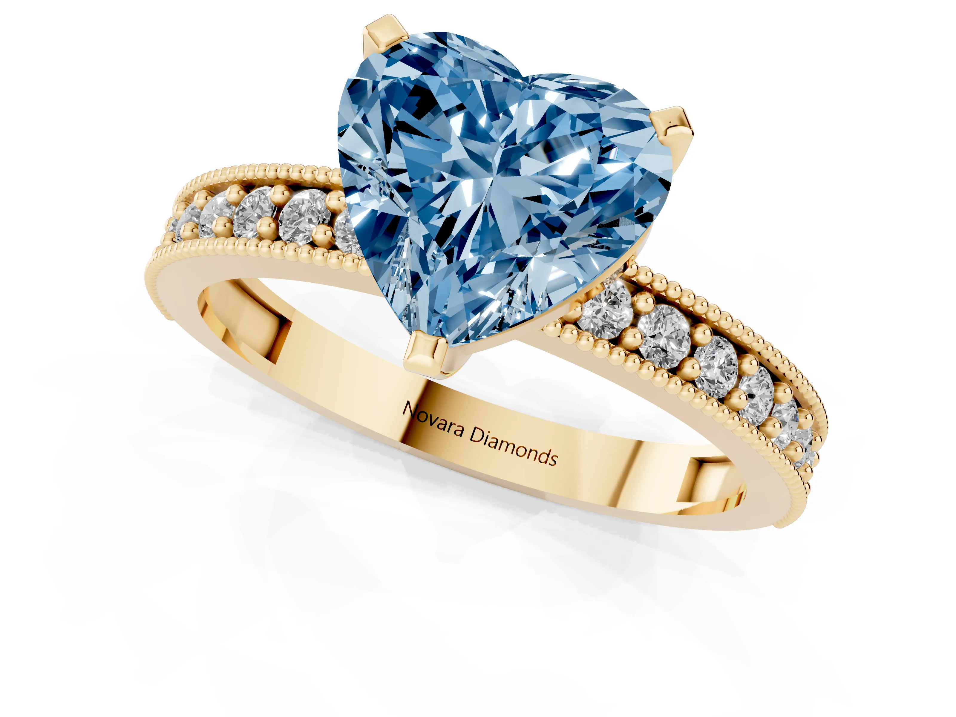 Fancy Blue Heart Cut Diamond Milgrain Pavé Engagement Ring Set in Yellow gold with Prong Setting