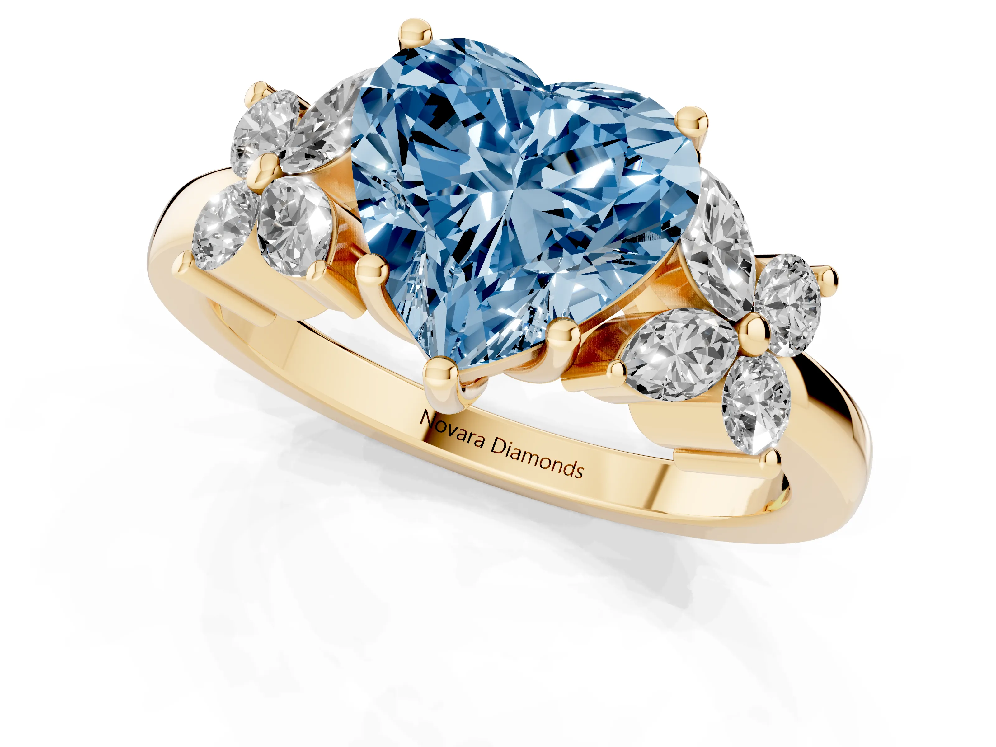 Fancy Blue Heart Cut Diamond Floral Cluster Ring Set in Yellow gold with Marquise Petals and Prong Setting