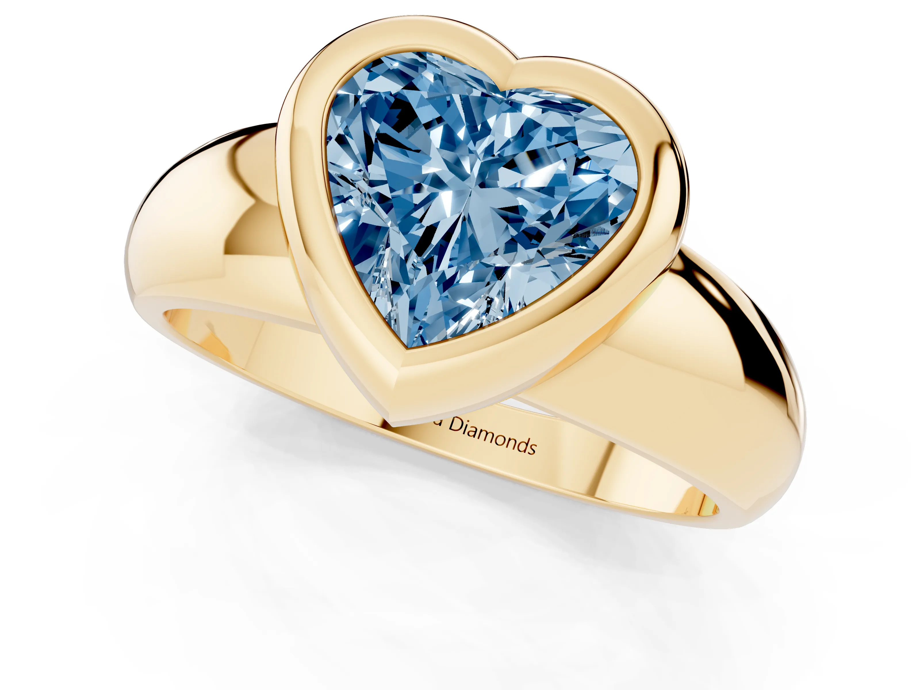 Fancy Blue Bezel Set Heart Cut Diamond Solitaire Ring Set in Yellow gold with Wide Band