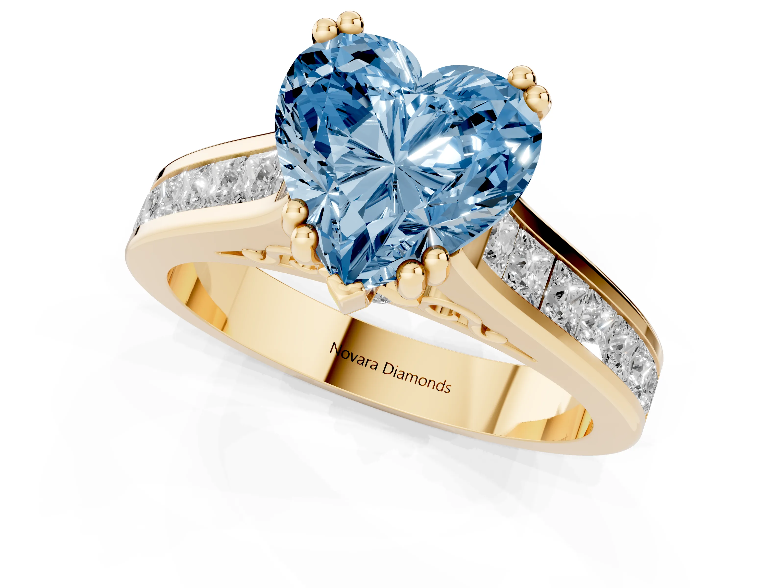 Fancy Blue Heart Cut Diamond Channel Set Solitaire Engagement Ring Set in Yellow gold with Prong Setting