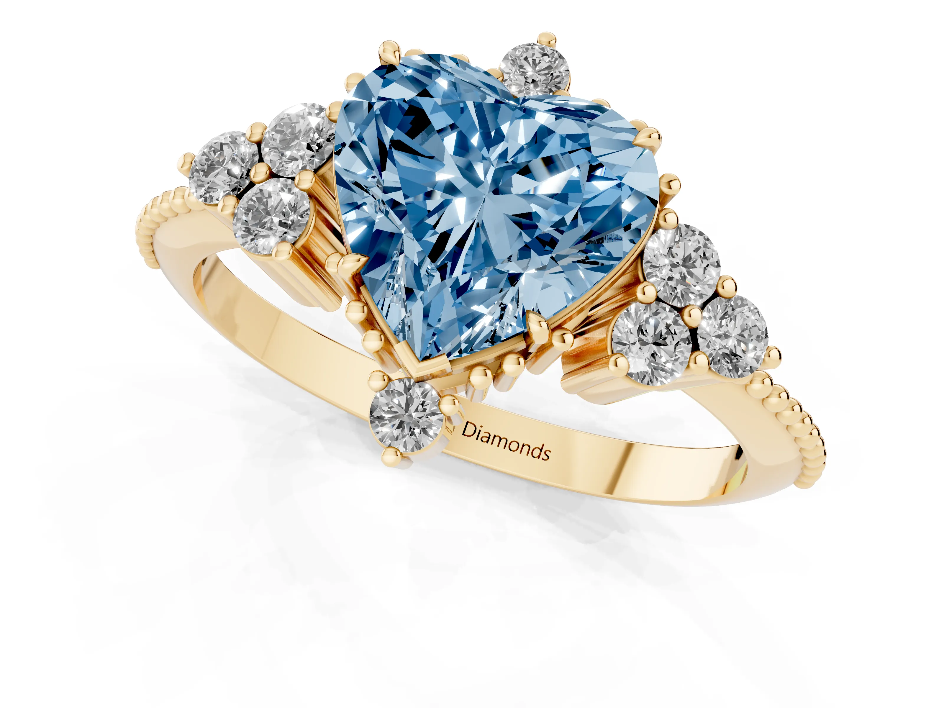 Fancy Blue Heart Cut Diamond Cluster Ring Set in Yellow gold with Beaded Band