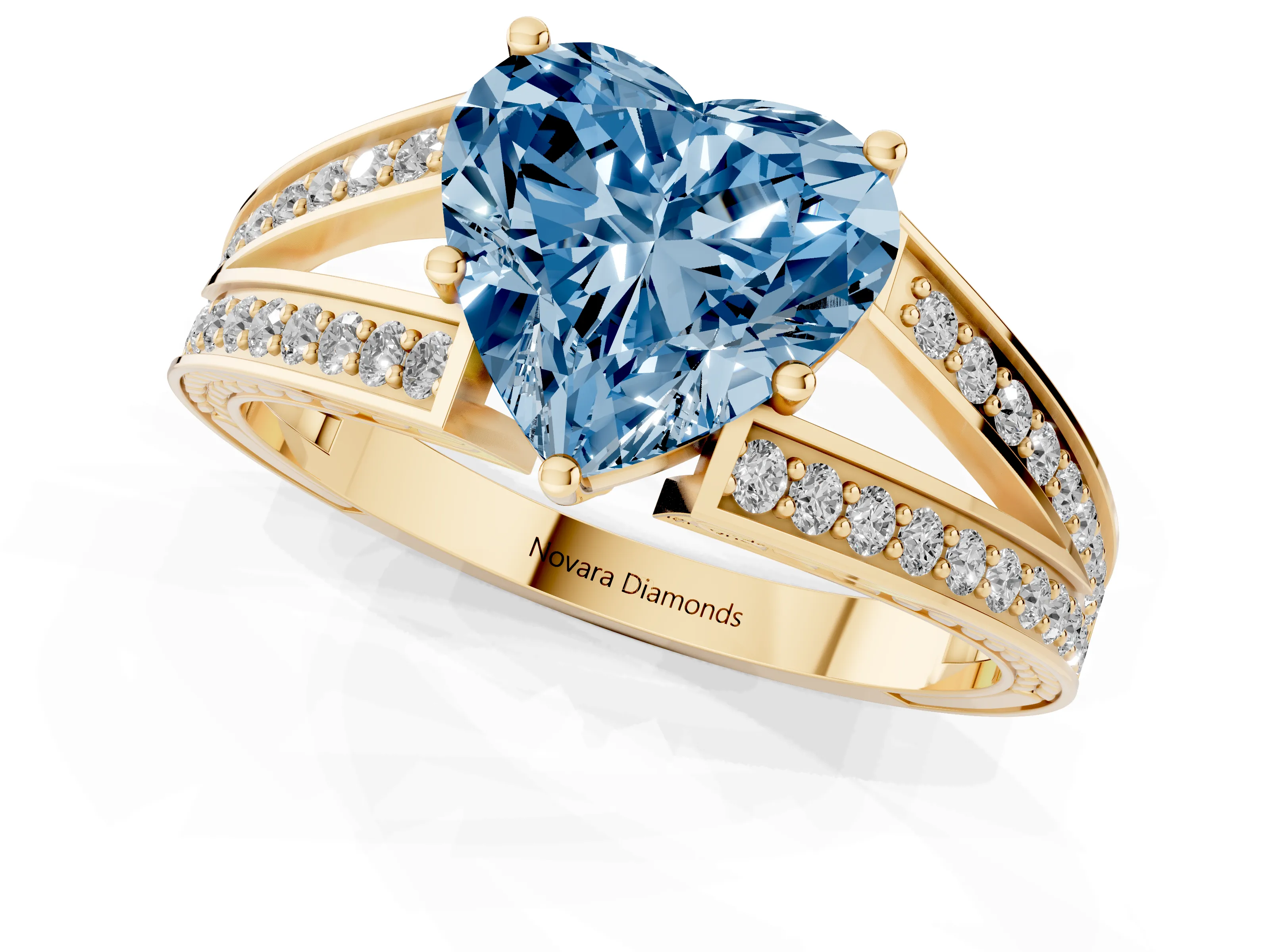 Fancy Blue Heart Cut Diamond Split Shank Ring Set in Yellow gold with Pavé Band and Prong Setting