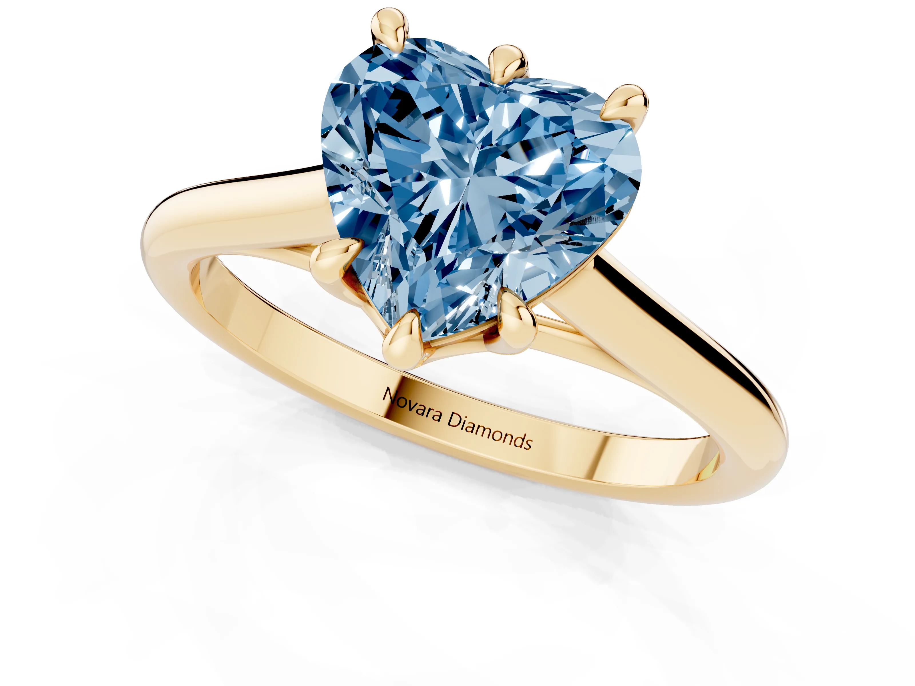 Fancy Blue Heart Cut Diamond Solitaire Engagement Ring Set in Yellow gold with Prong Setting and Plain Classic Band