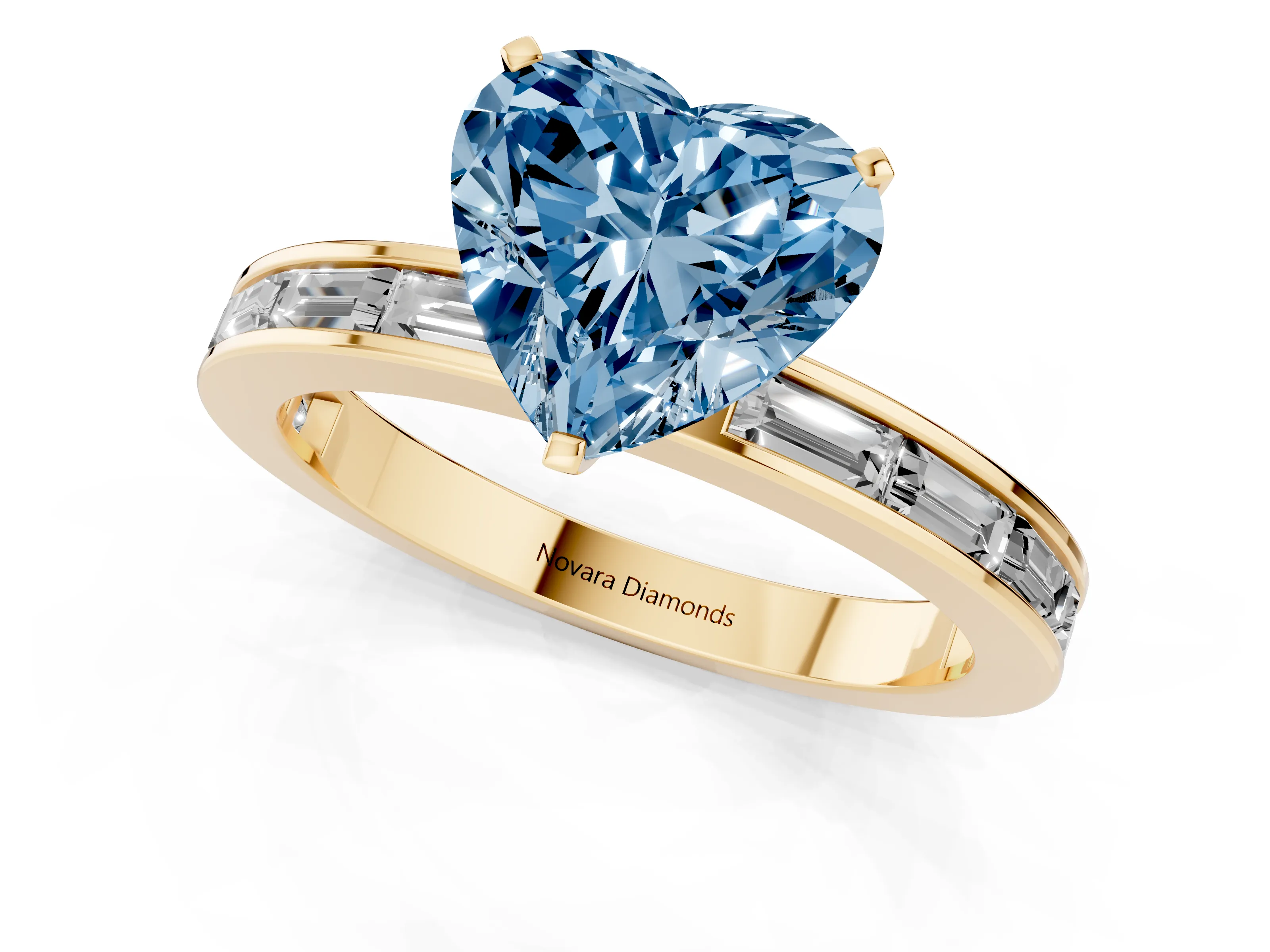 Fancy Blue Heart Cut Diamond Solitaire Ring Set in Yellow gold with Channel-Set Baguette Band and Prong Setting
