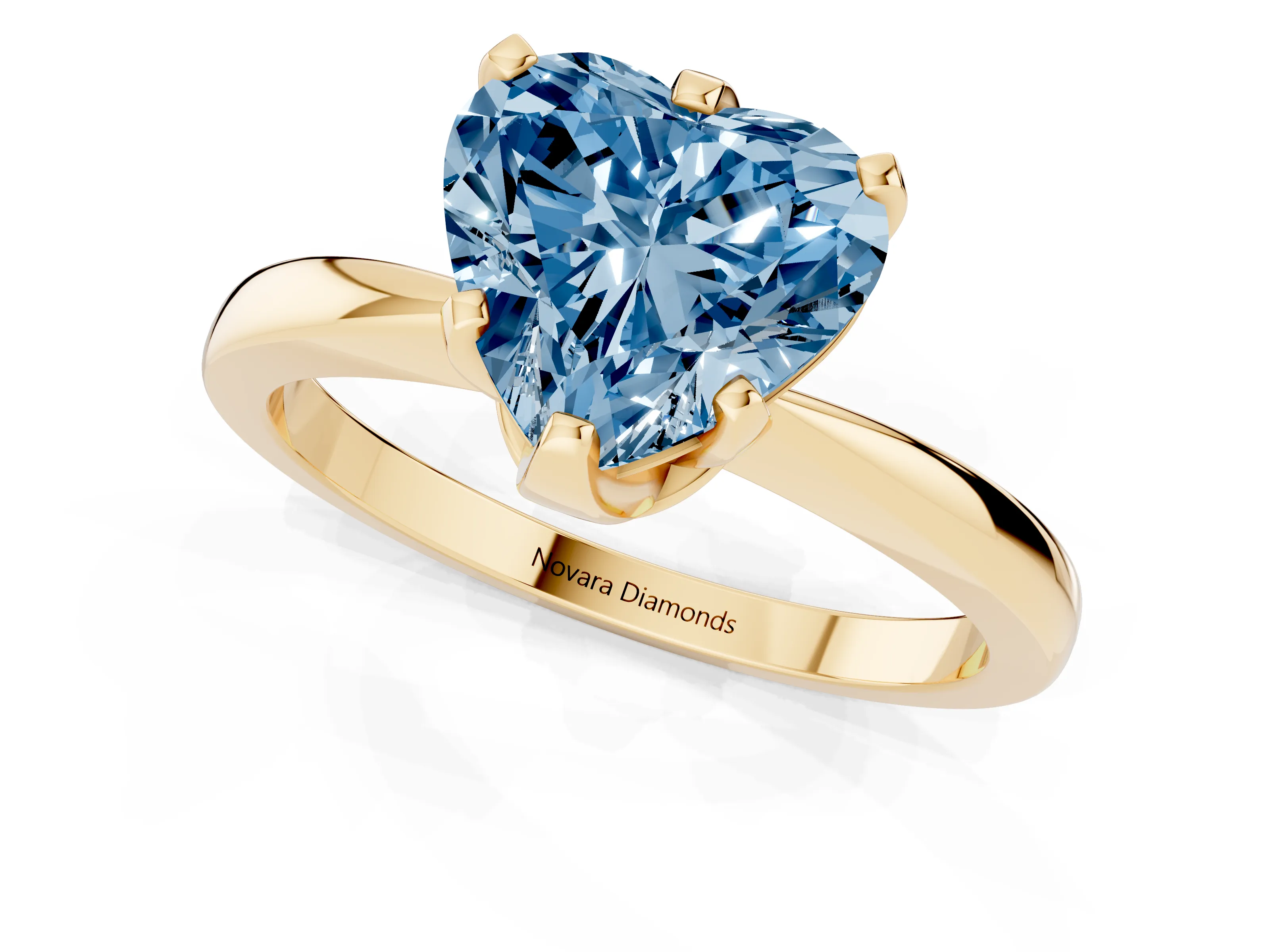 Fancy Blue Heart Cut Diamond Solitaire Engagement Ring Set in Yellow gold with Slim Tapered Solitaire Band