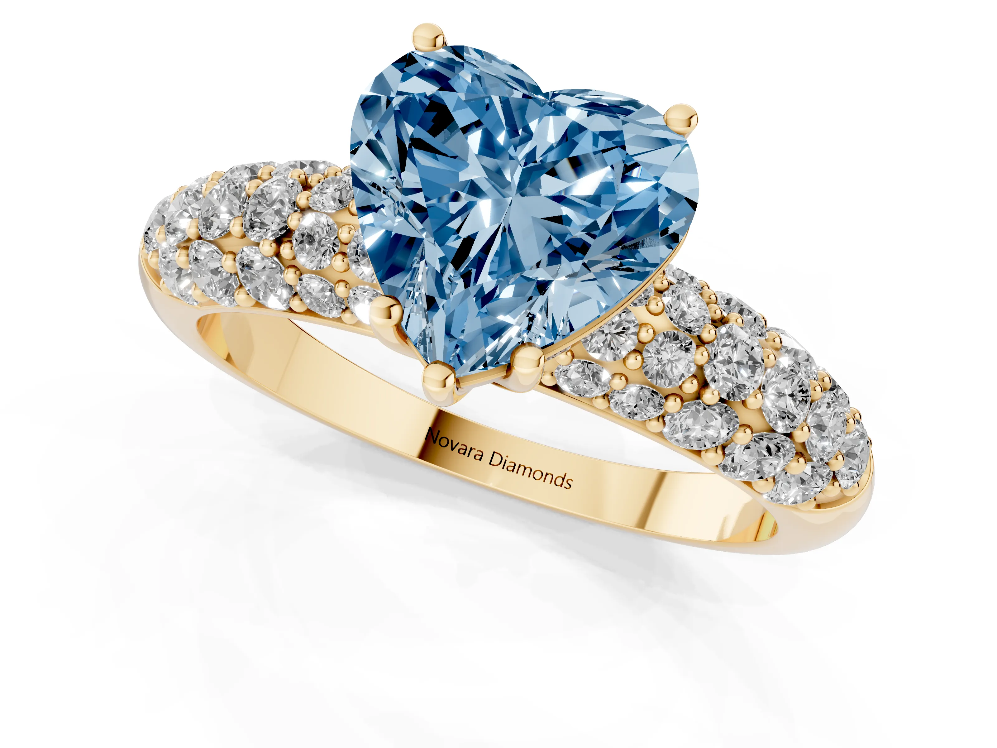 Fancy Blue Heart Cut Diamond Pavé Band Solitaire Ring Set in Yellow gold with Close-Set Accent Stones and Prong Setting