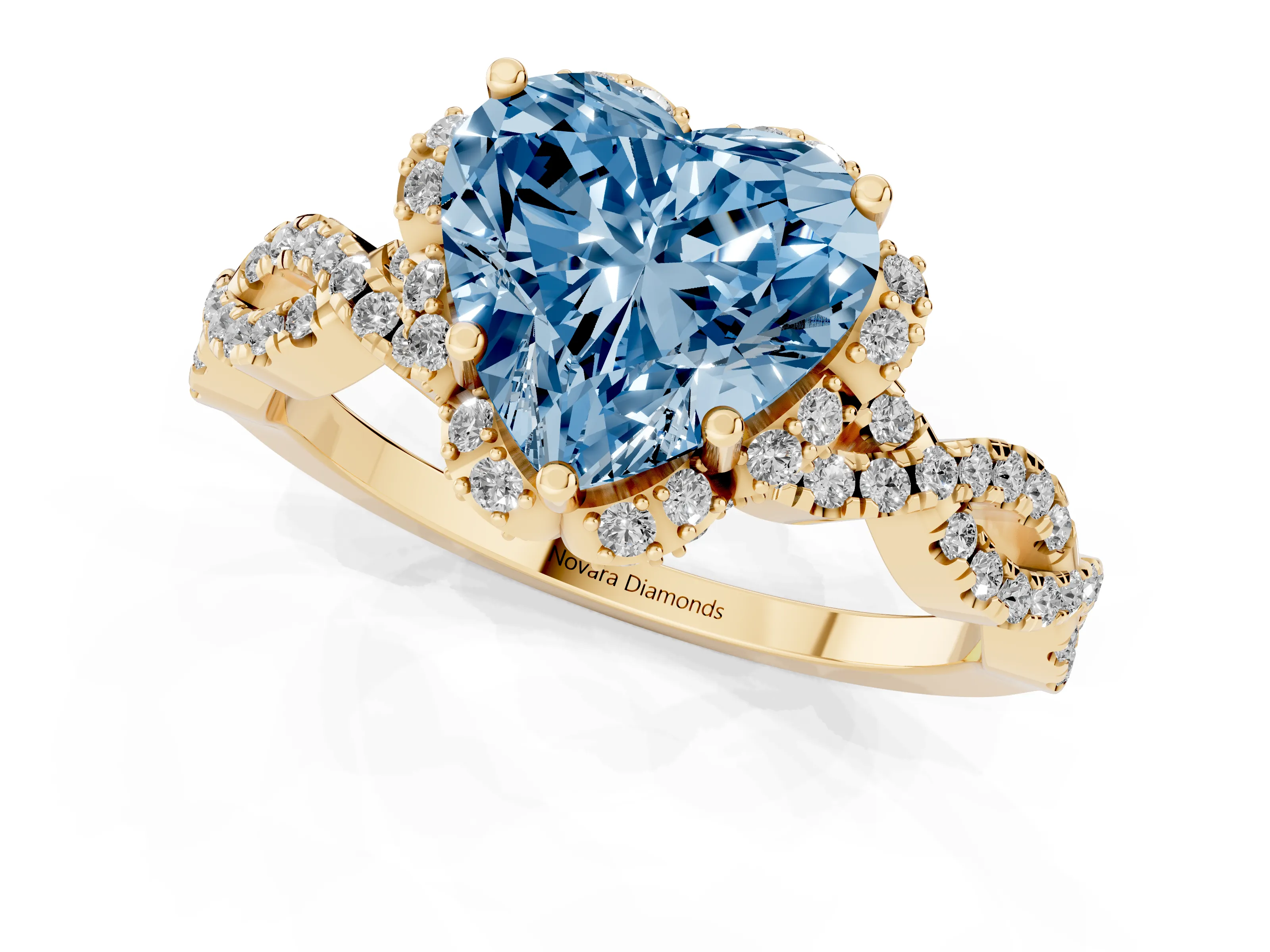 Fancy Blue Heart Cut Diamond Halo Twist Band Solitaire Ring Set in Yellow gold with Prong-Set Center Stone