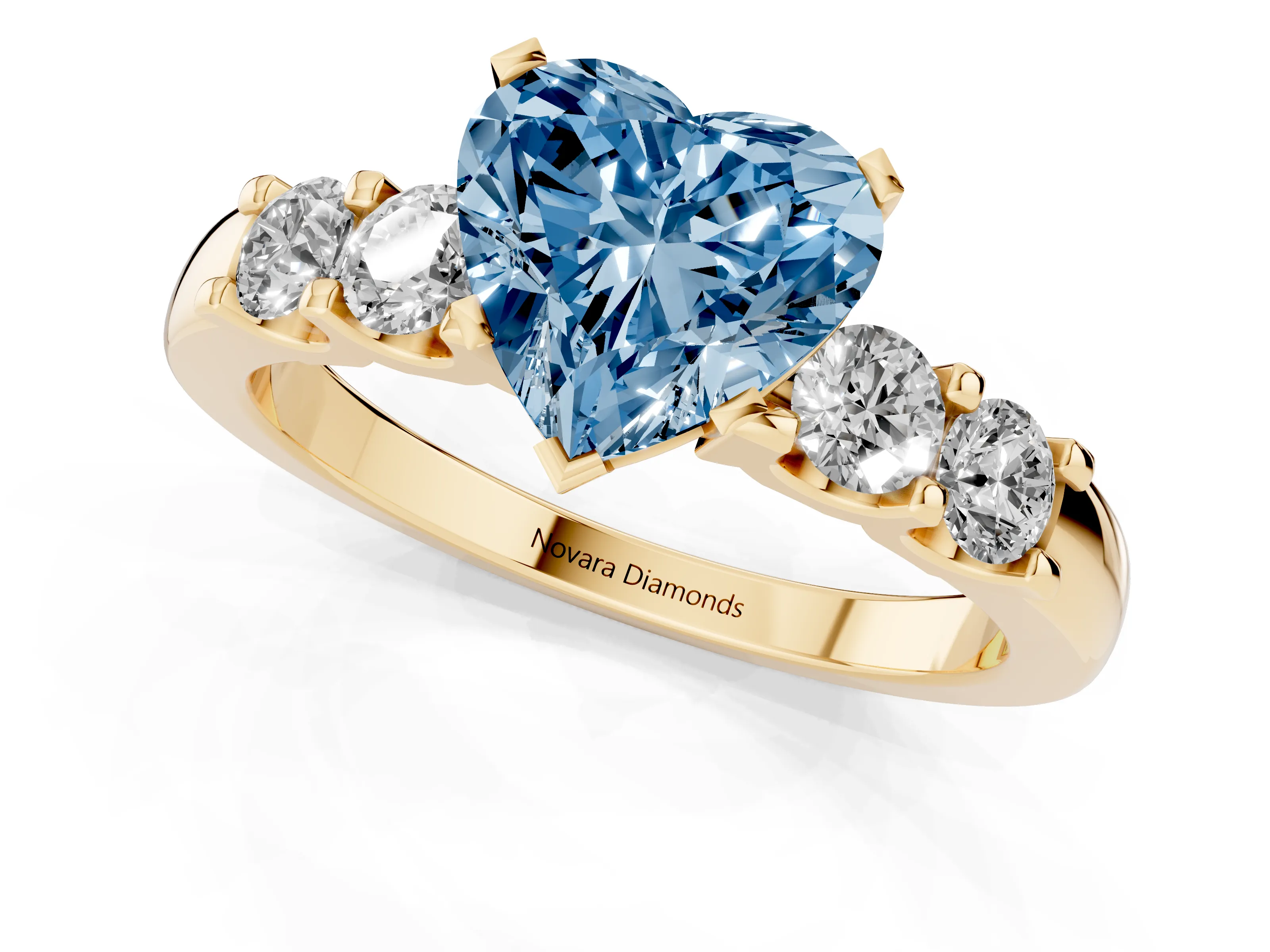 Fancy Blue Heart Cut Diamond Five-Stone Prong Set Engagement Ring Set in Yellow gold with Channel Band