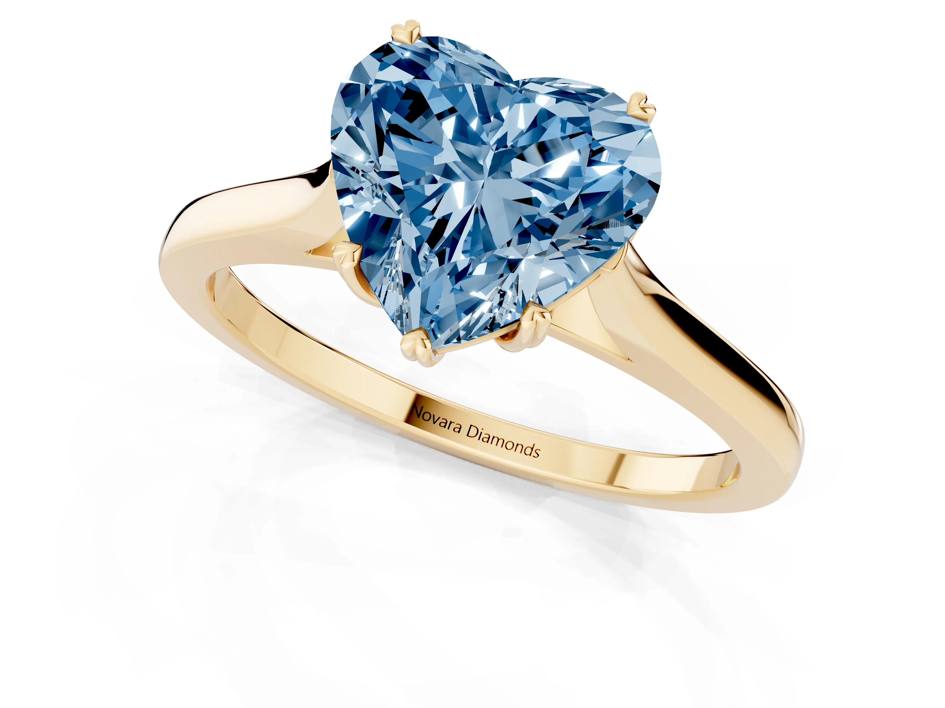 Fancy Blue Heart Cut Diamond Solitaire Heart Prong Engagement Ring Set in Yellow gold with Tapered Band