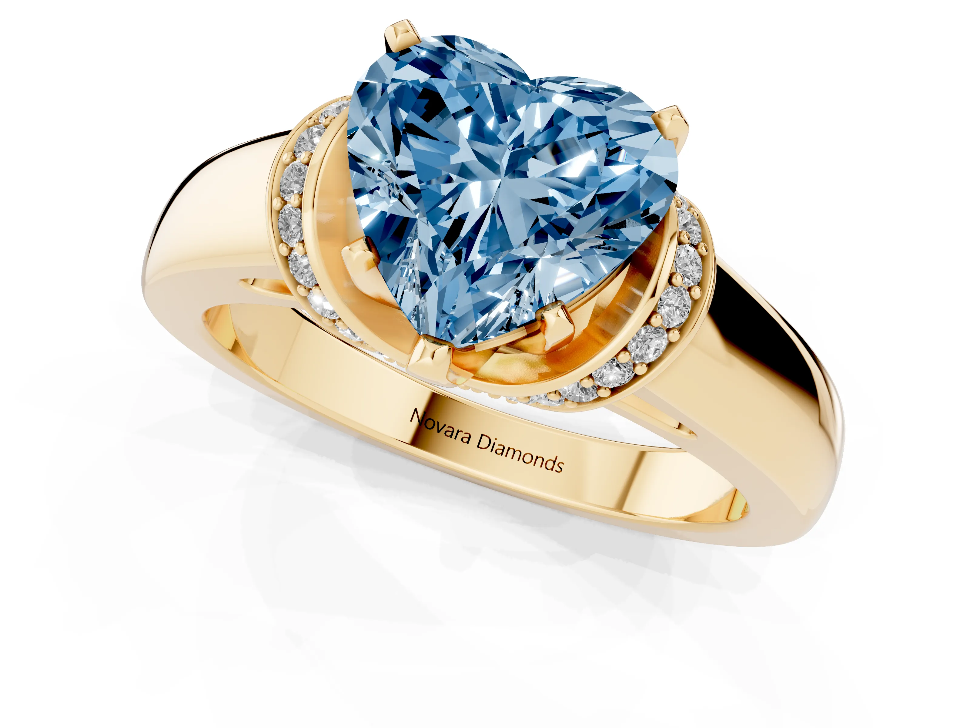 Fancy Blue Heart Cut Diamond Pavé Band Solitaire Ring Set in Yellow gold with Prong Setting
