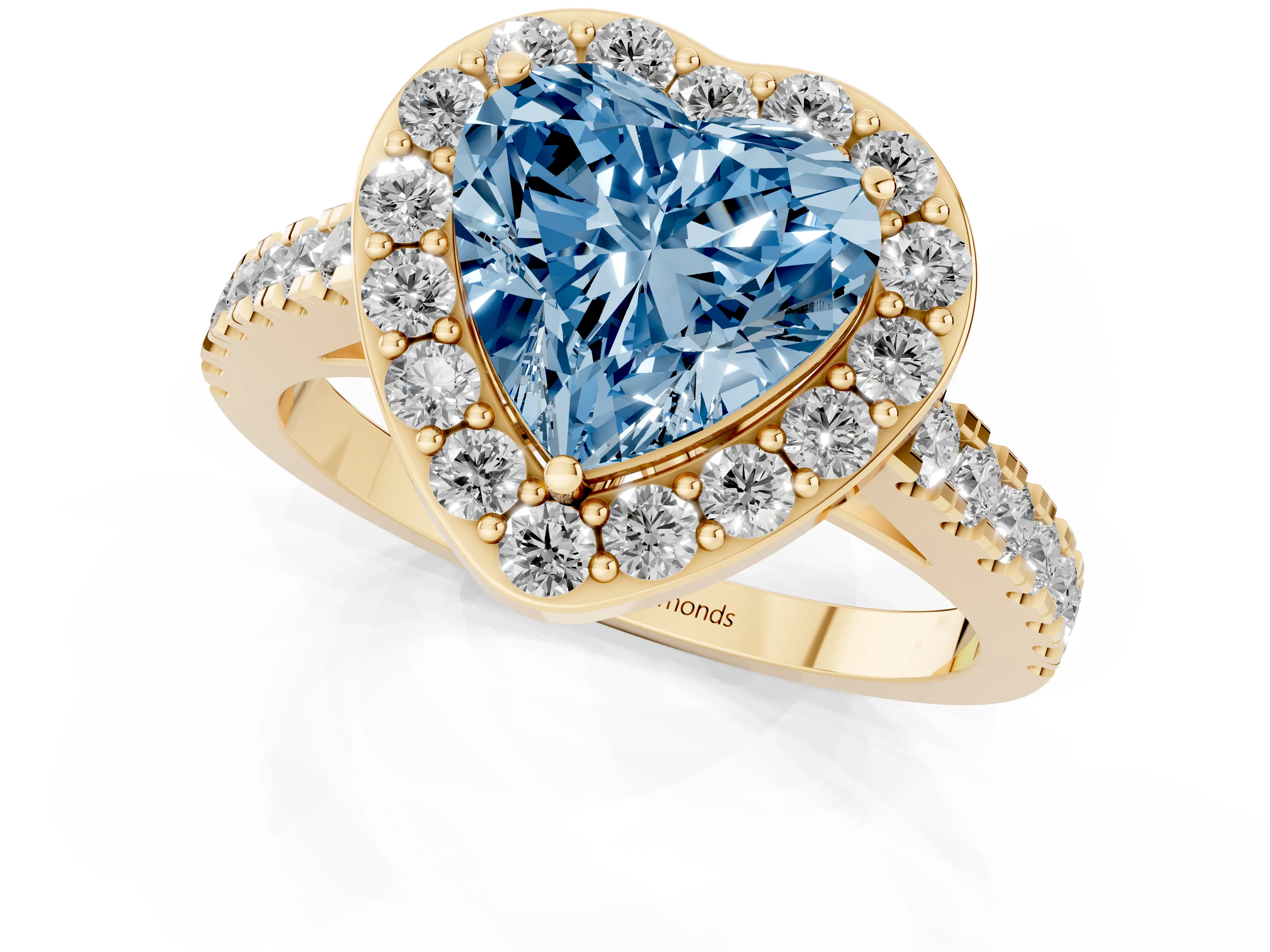 Fancy Blue Heart Cut Diamond Halo Ring Set in Yellow gold with Round Pavé Split Shank and Prong Setting