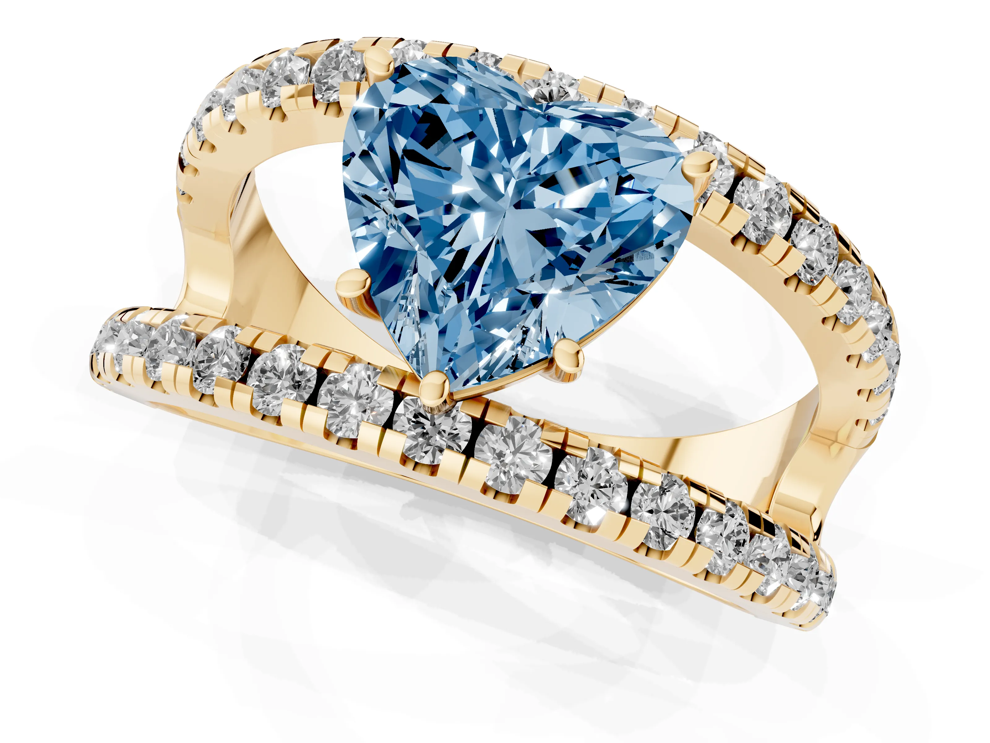 Fancy Blue Heart Cut Diamond Split Shank Pavé Solitaire Ring Set in Yellow gold with Open Shank Design