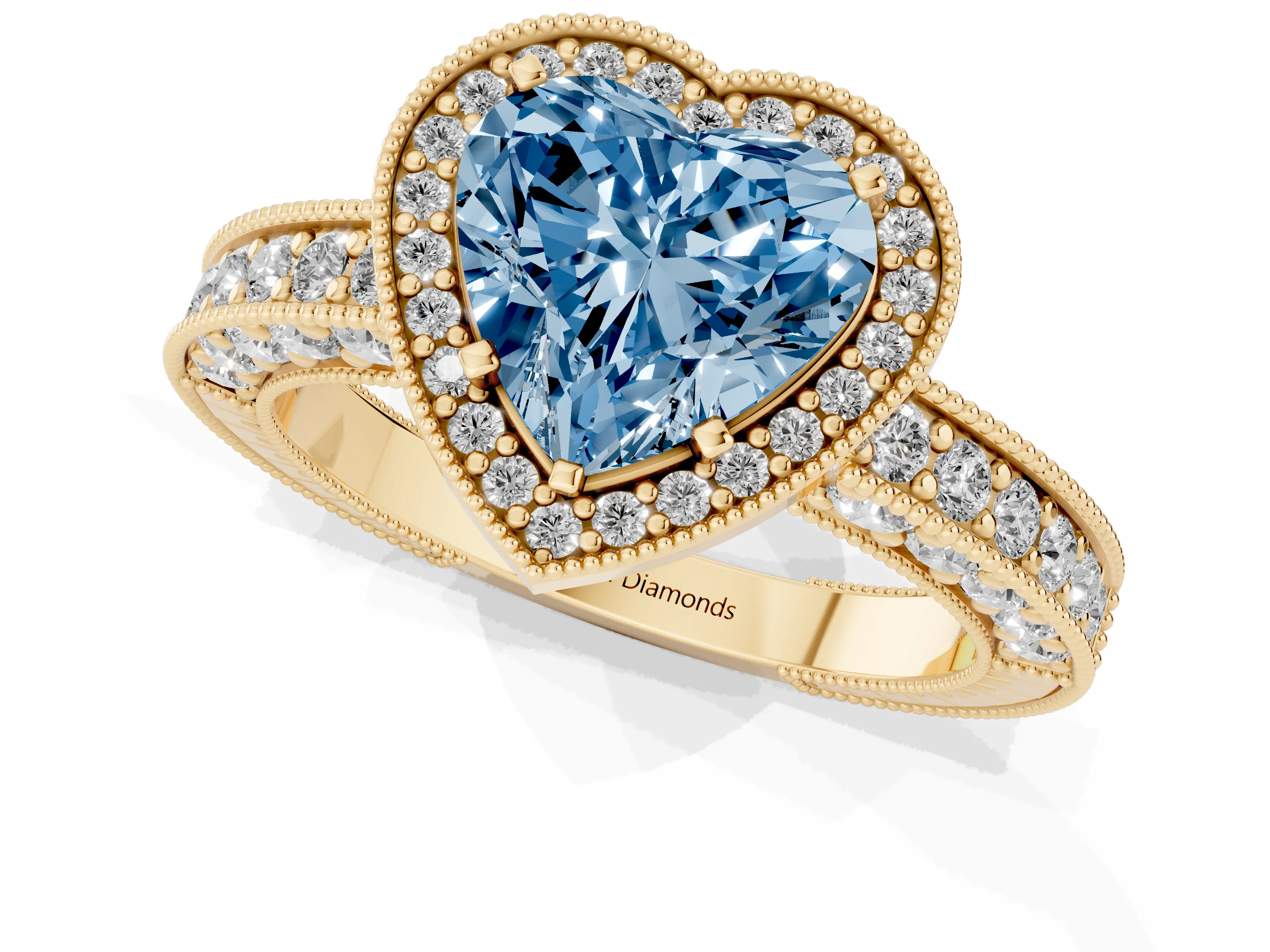 Fancy Blue Heart Cut Diamond Halo Pavé Band Ring Set in Yellow gold with Prong-Set Center