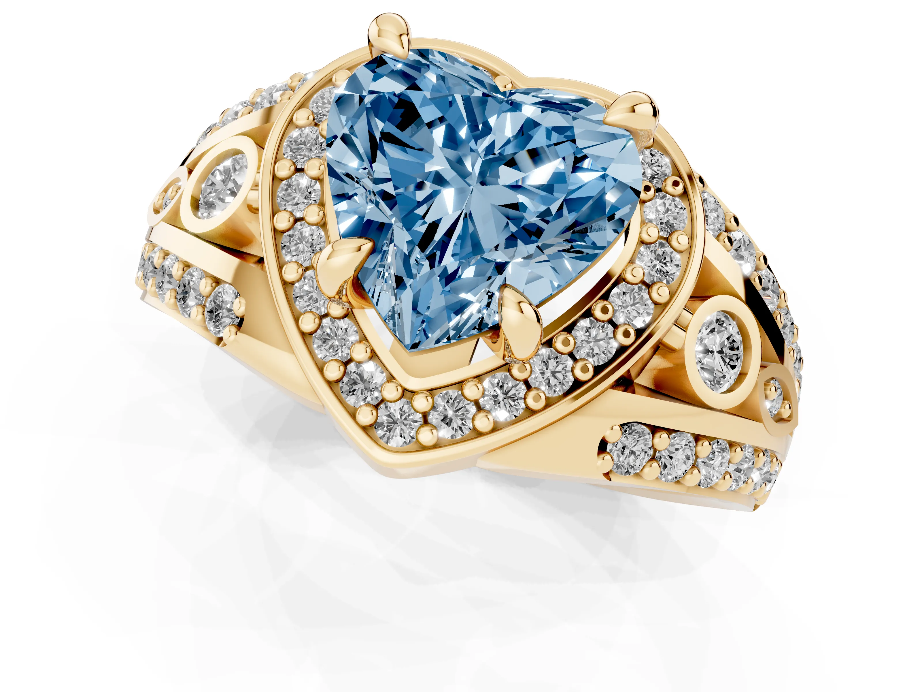 Fancy Blue Heart Cut Diamond Halo Ring Set in Yellow gold with Pavé Split Shank and Bezel Accents