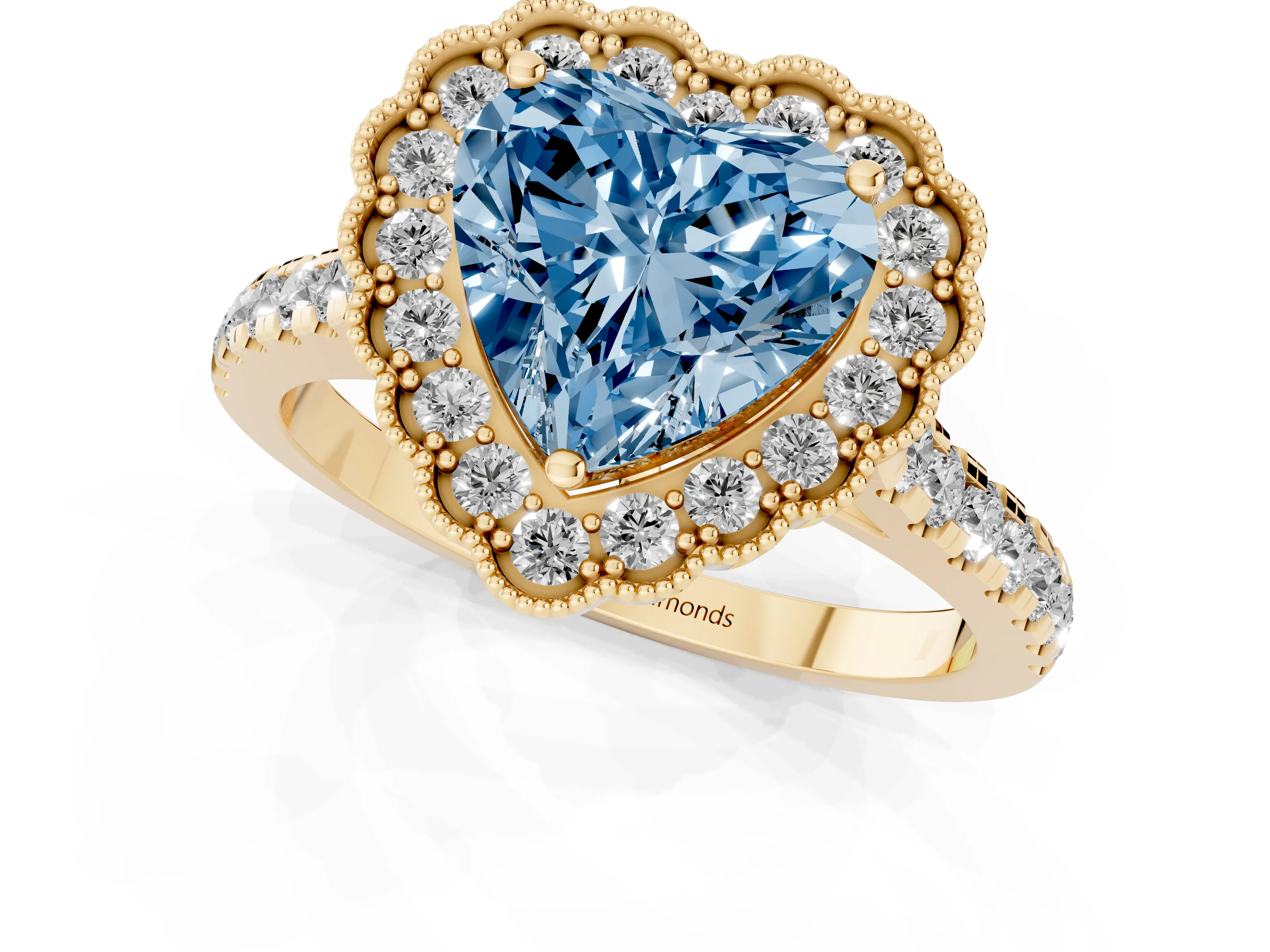 Fancy Blue Heart Cut Diamond Milgrain Floral Halo Engagement Ring Set in Yellow gold with Pavé Band
