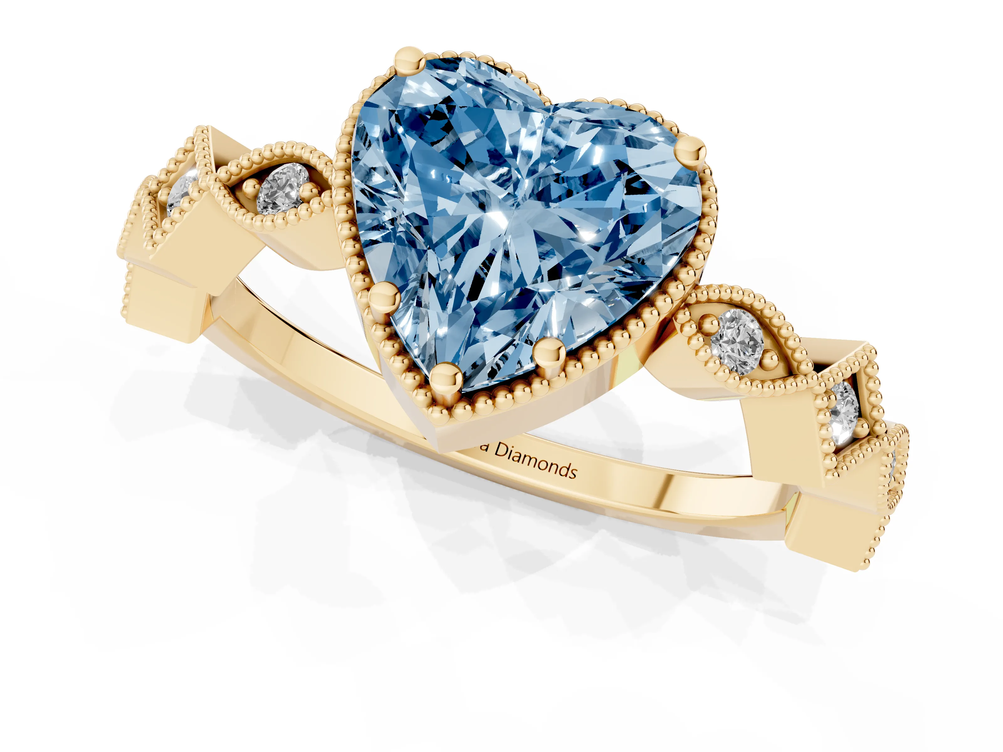 Fancy Blue Heart Cut Diamond Milgrain Marquise Twist Band Ring Set in Yellow gold with Prong Setting