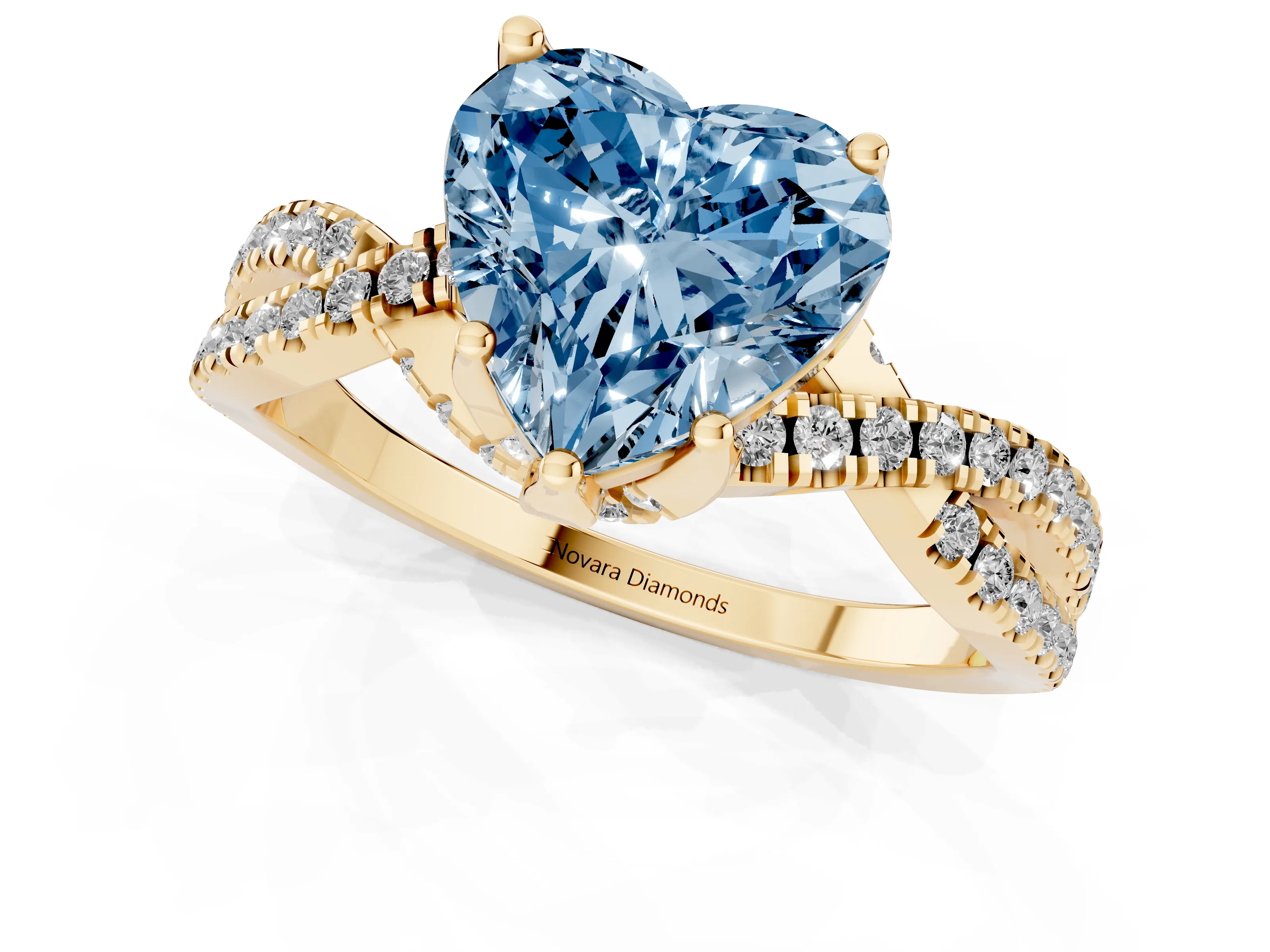Fancy Blue Heart Cut Diamond Twist Pavé Solitaire Engagement Ring Set in Yellow gold with Prong Setting
