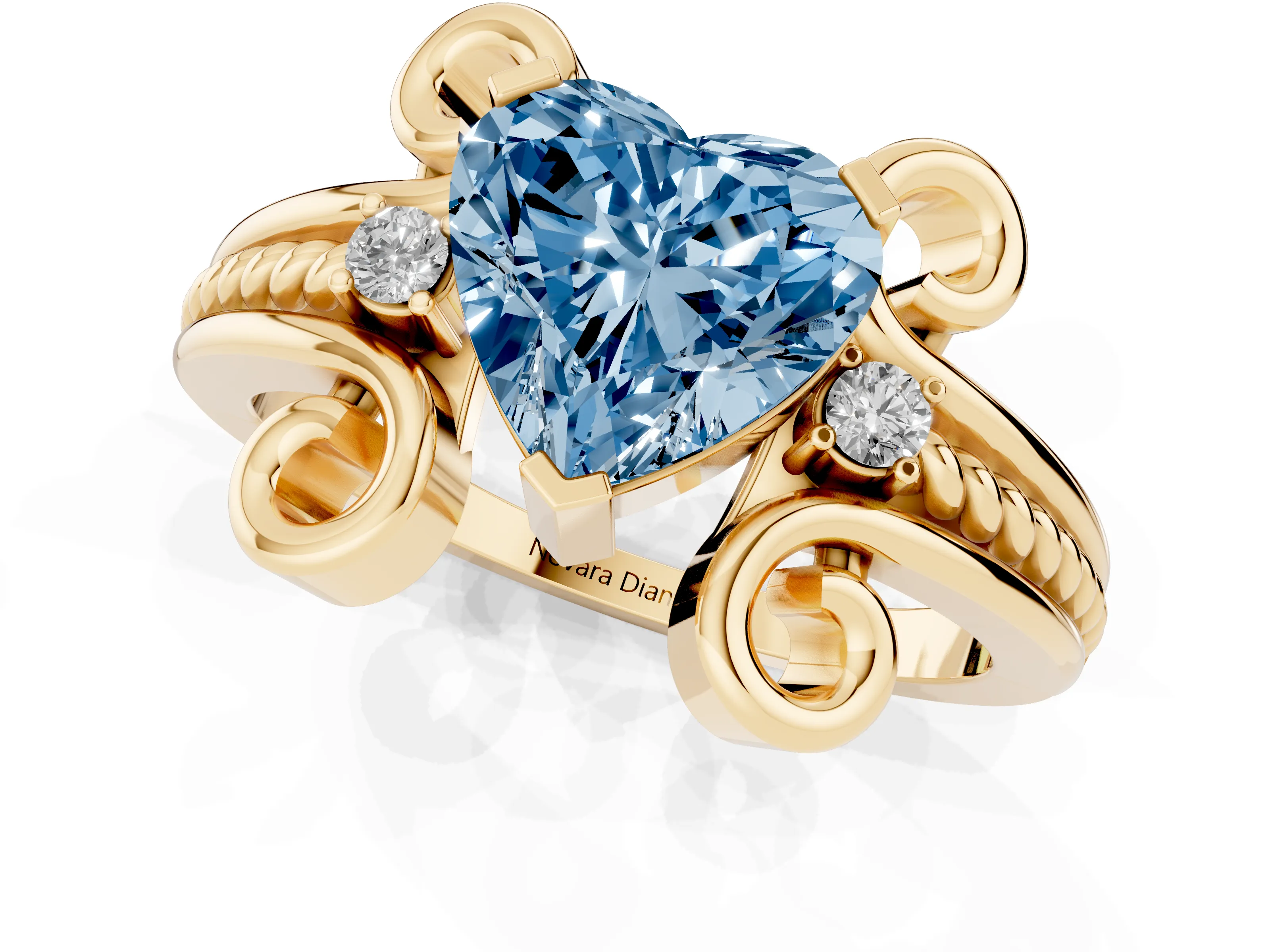 Fancy Blue Heart Cut Diamond Twisted Band Solitaire Ring Set in Yellow gold with Scroll Prongs
