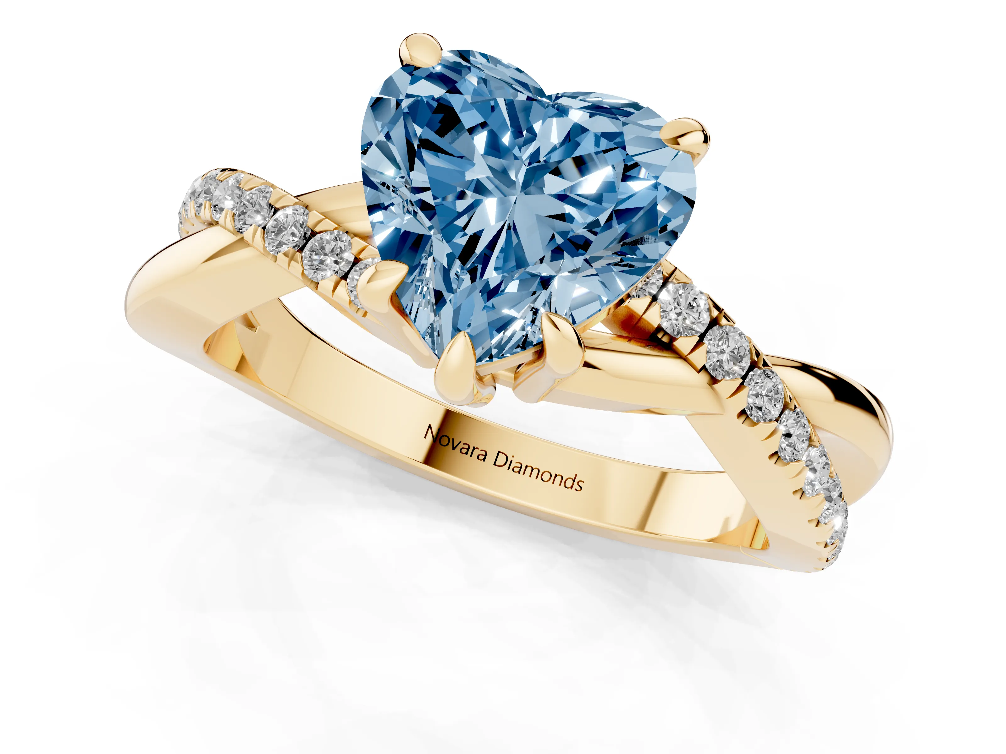 Fancy Blue Heart Cut Diamond Twist Band Solitaire Set in Yellow gold with Pavé Accents and Prong Setting