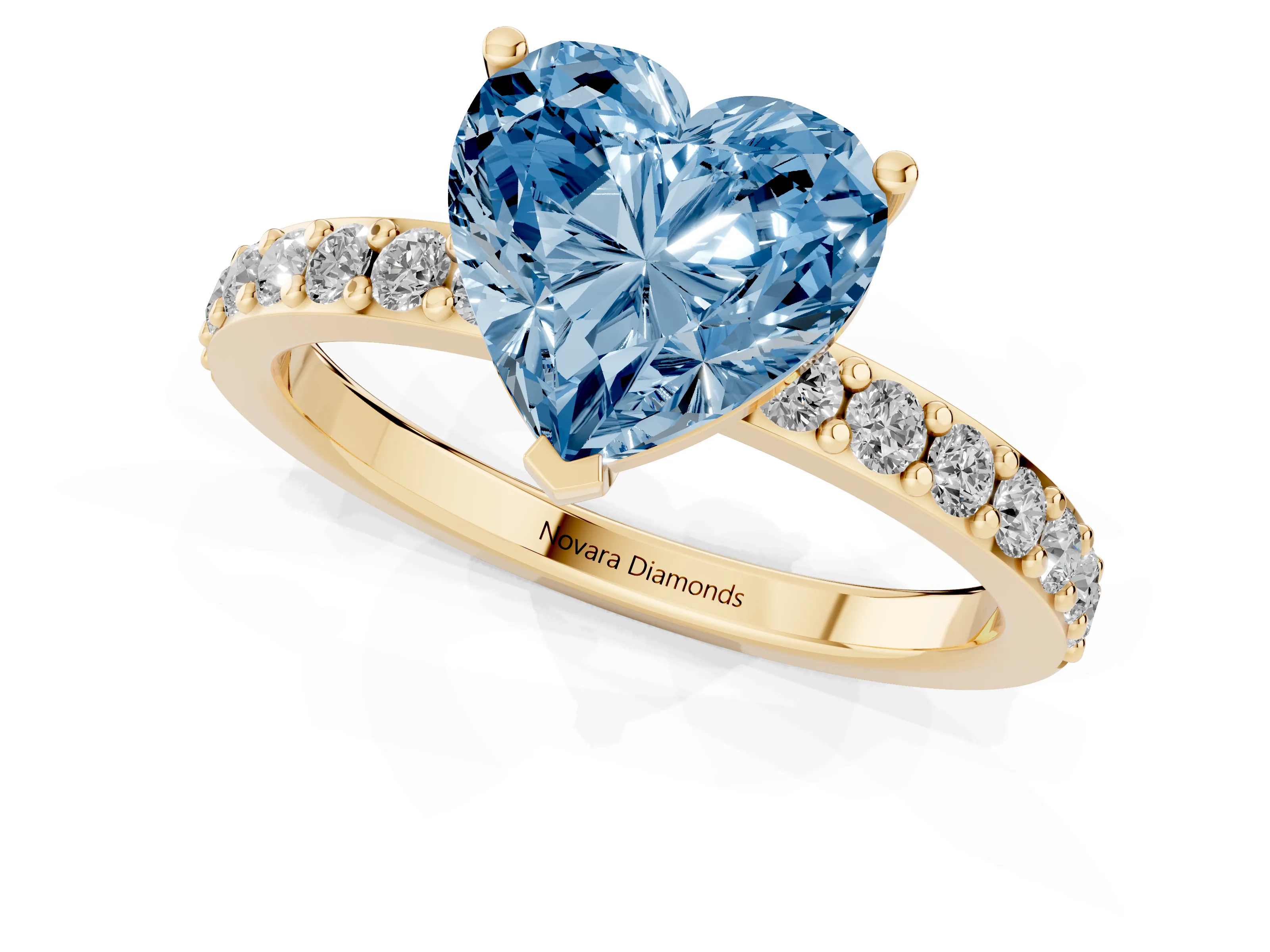 Fancy Blue Heart Cut Diamond Solitaire Set in Yellow gold with Round Pavé Band and Prong Setting