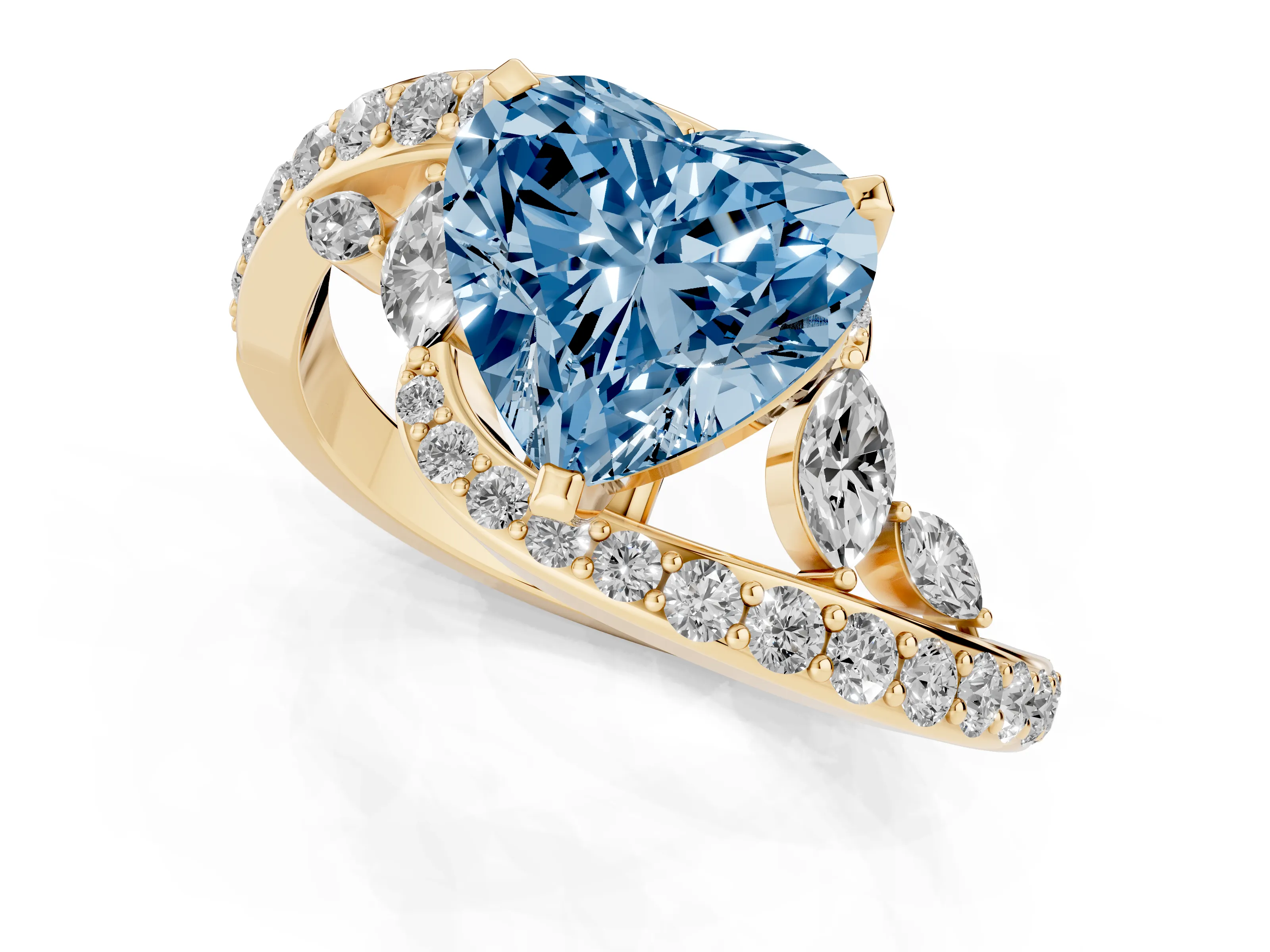 Fancy Blue Heart Cut Diamond Solitaire Ring Set in Yellow gold with Pavé Twist Band and Secure Prong Setting