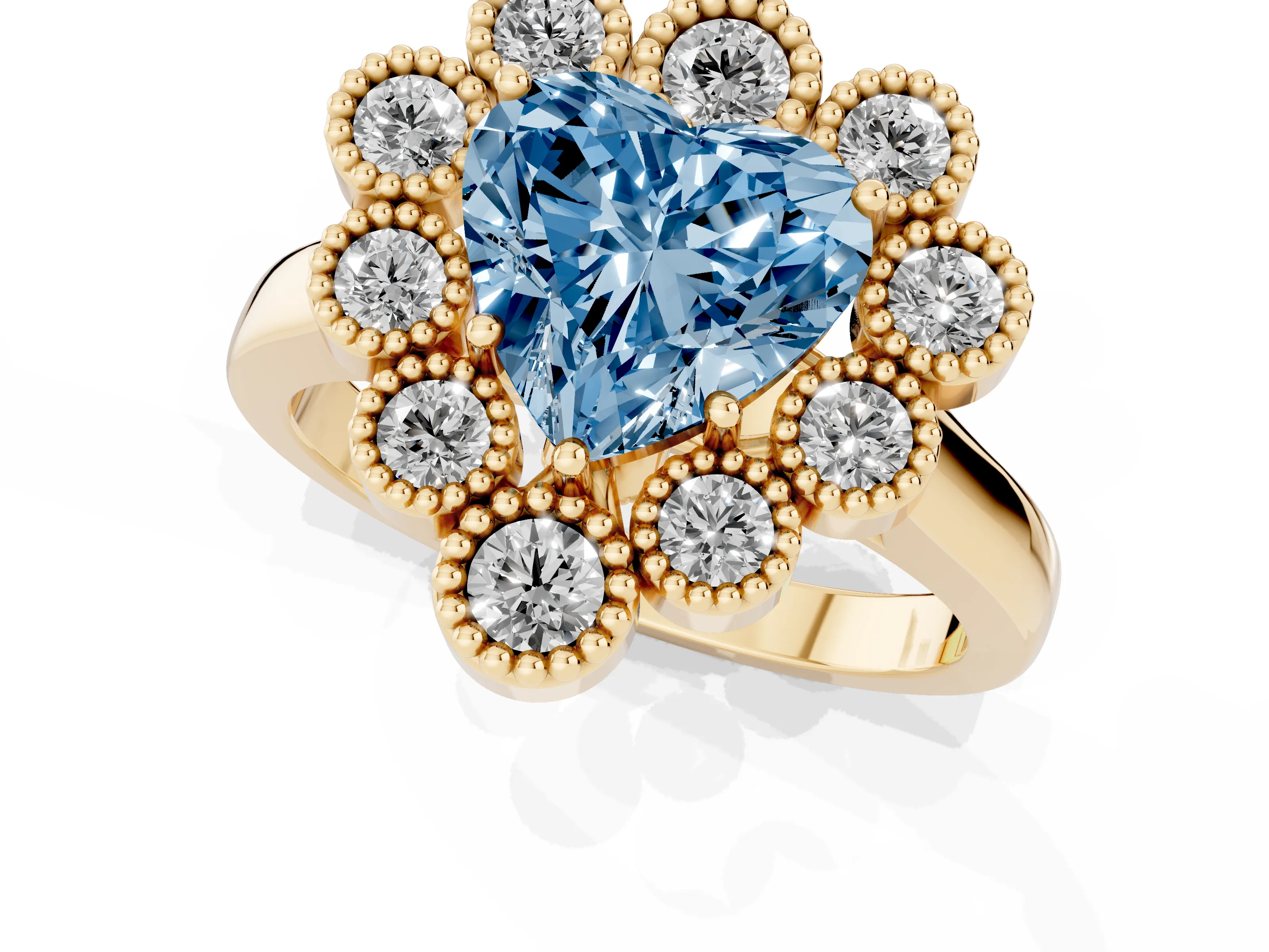 Fancy Blue Heart Cut Diamond Cluster Halo Ring Set in Yellow gold with Milgrain Bezel Accents and Plain Band
