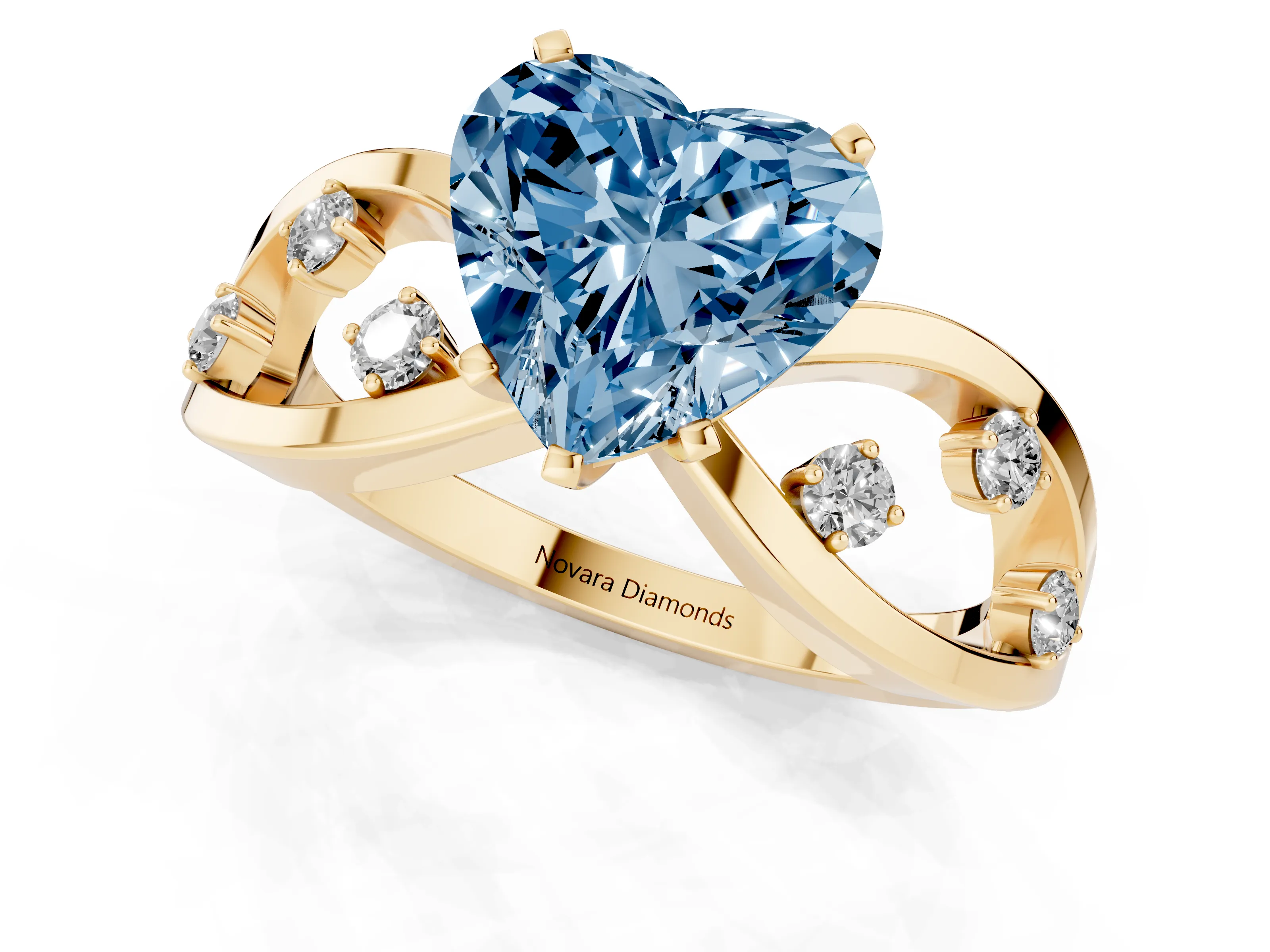 Fancy Blue Heart Cut Diamond Solitaire Ring Set in Yellow gold with Side Stones on Criss-Cross Band and Prong Setting