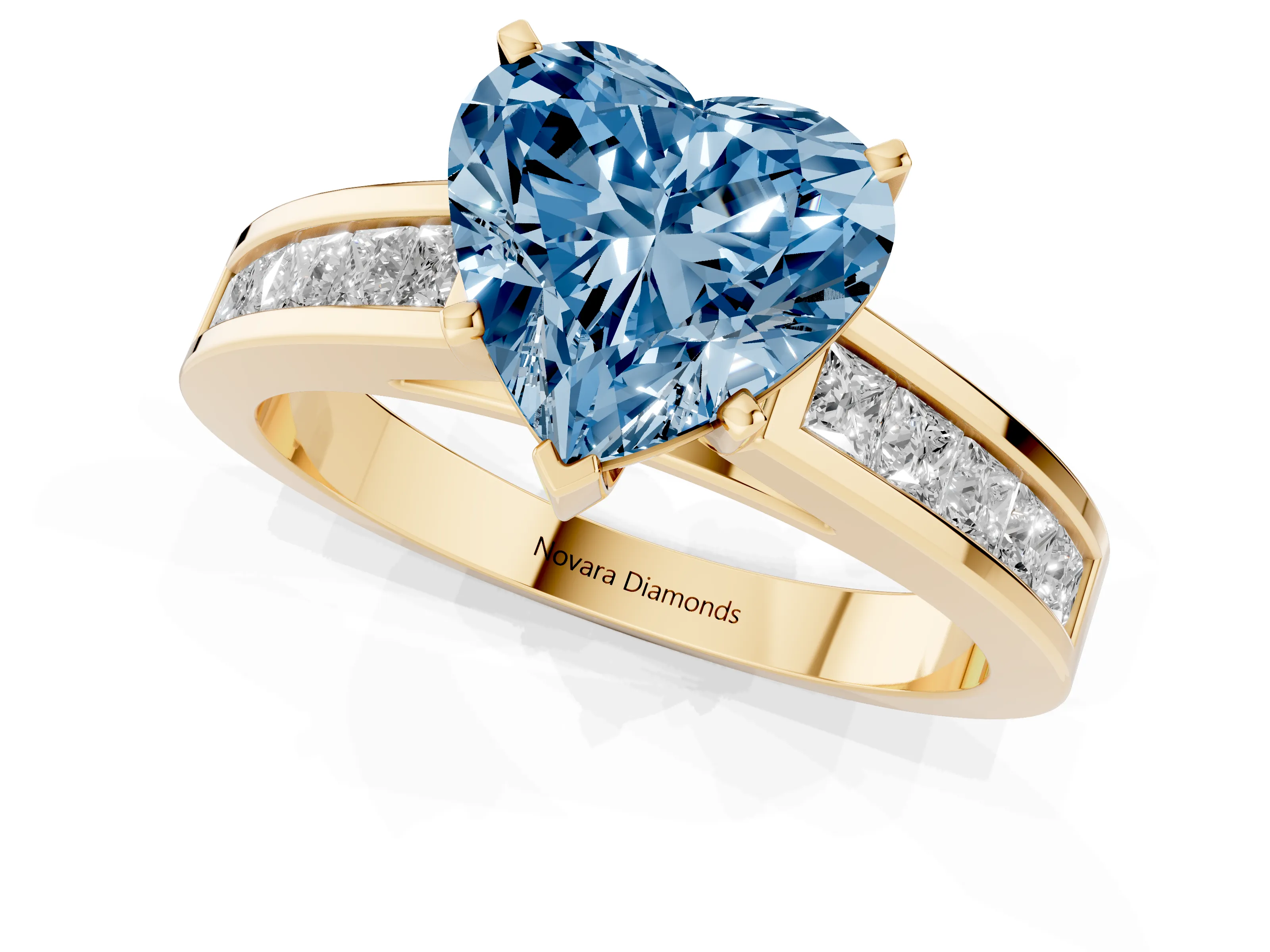 Fancy Blue Heart Cut Diamond Solitaire Ring Set in Yellow gold with Channel-Set Band and Prong Setting