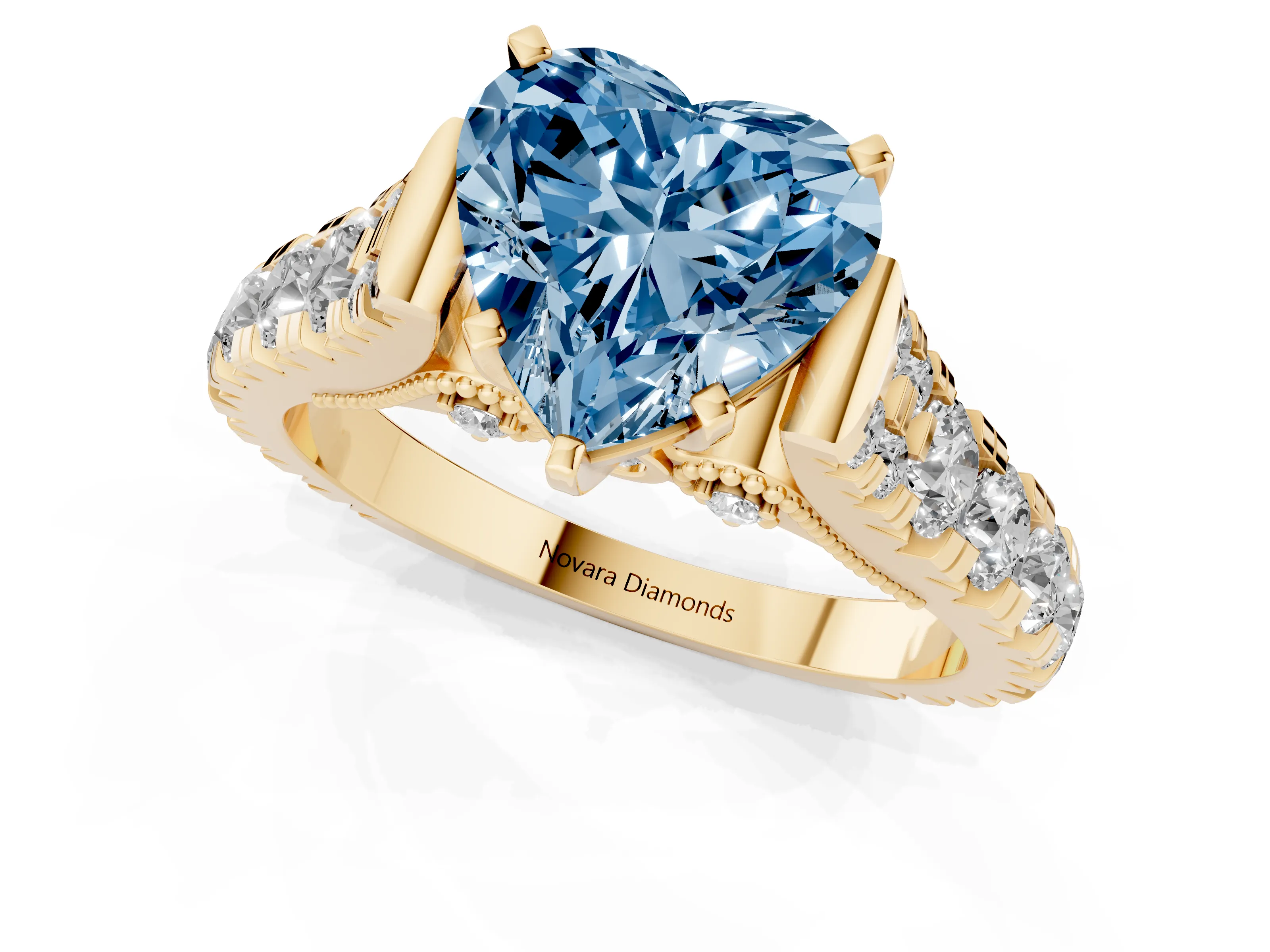 Fancy Blue Heart Cut Diamond Classic Solitaire Ring Set in Yellow gold with Pavé Band and Prong Setting