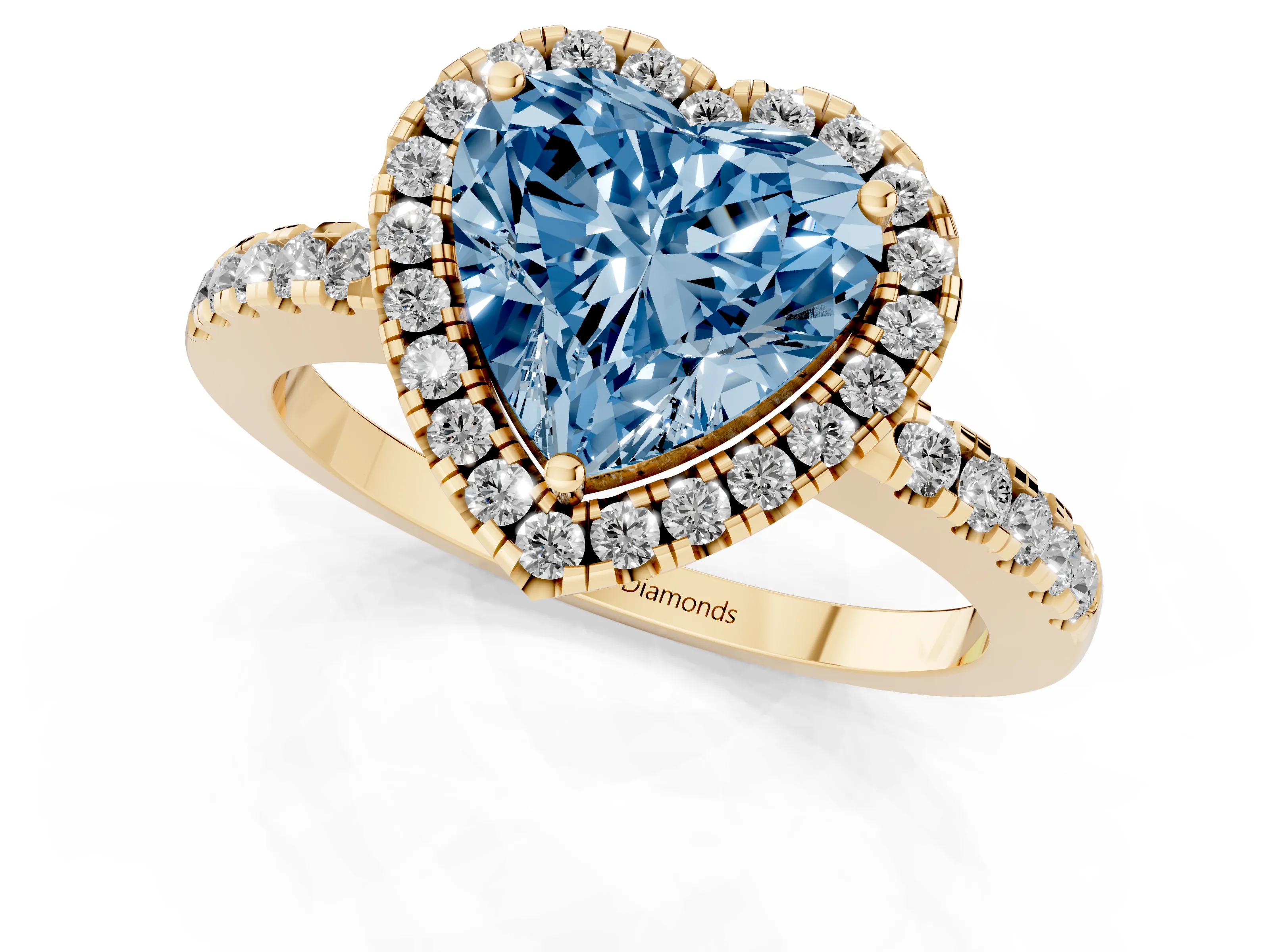 Fancy Blue Heart Cut Diamond Pavé Band Halo Engagement Ring Set in Yellow gold with Prong Setting
