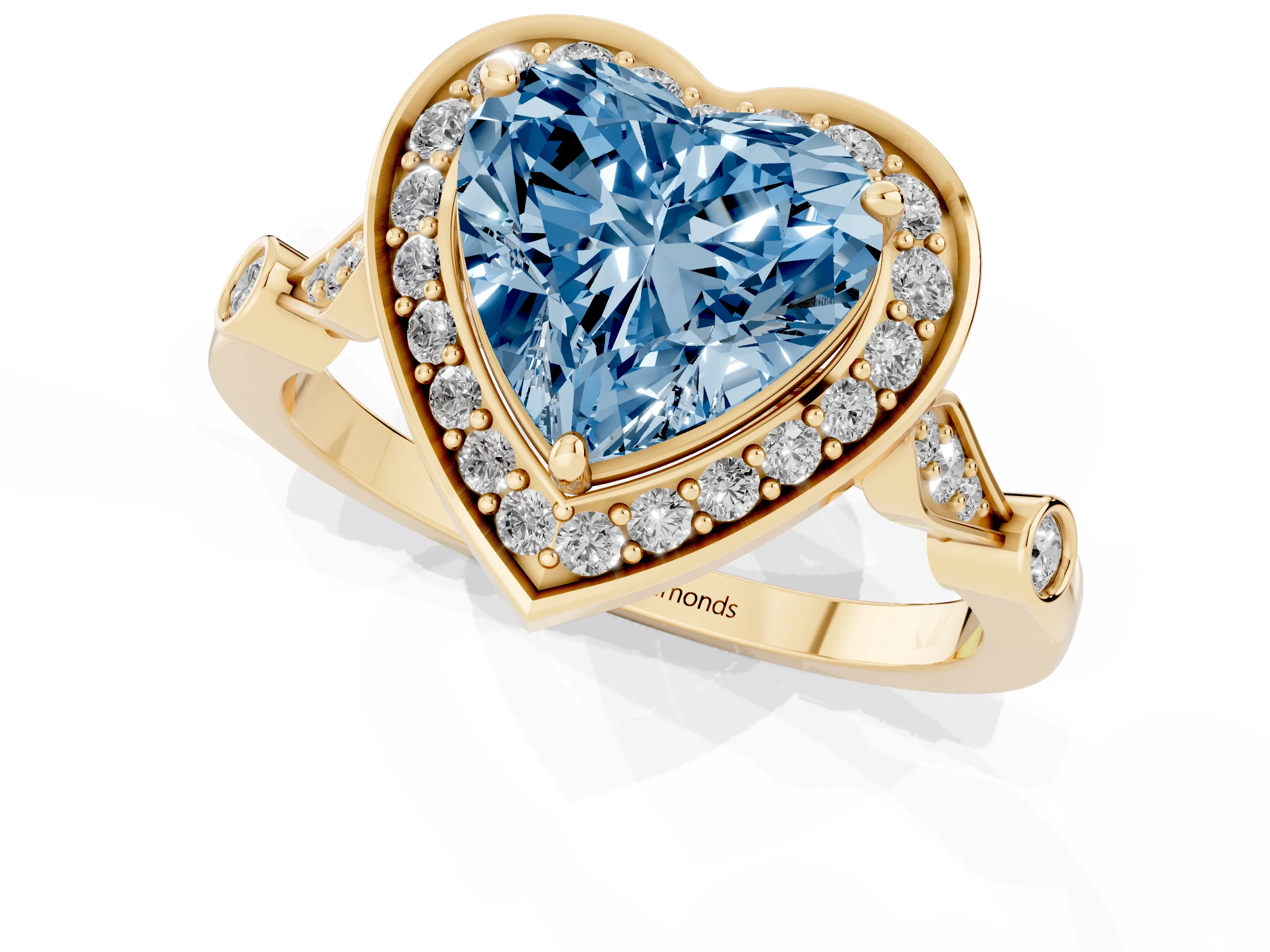 Fancy Blue Heart Cut Diamond Halo Engagement Ring Set in Yellow gold with Twisted Band and Prong Setting