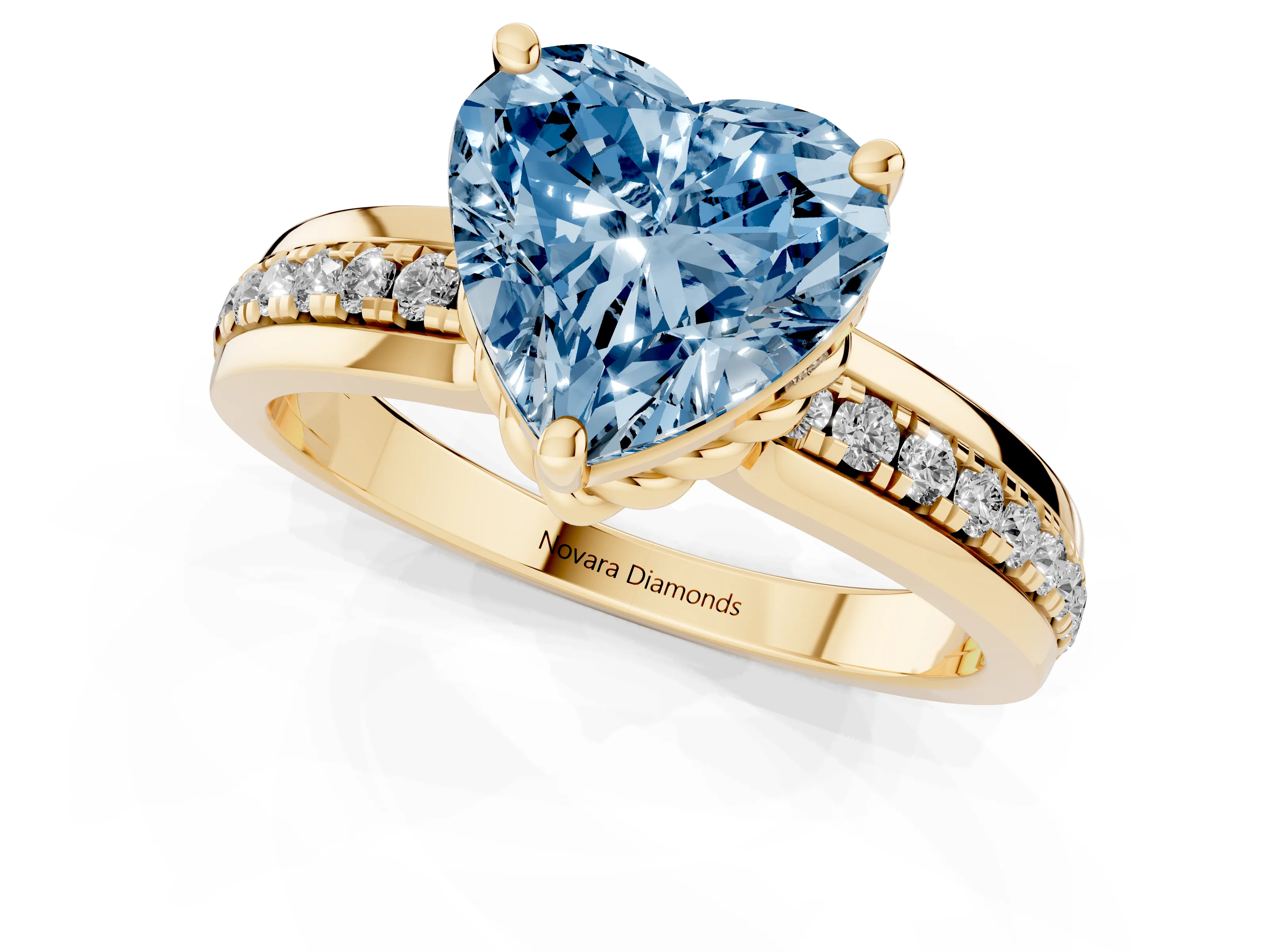 Fancy Blue Heart Cut Diamond Solitaire Ring Set in Yellow gold with Channel Set Band and Prong Setting