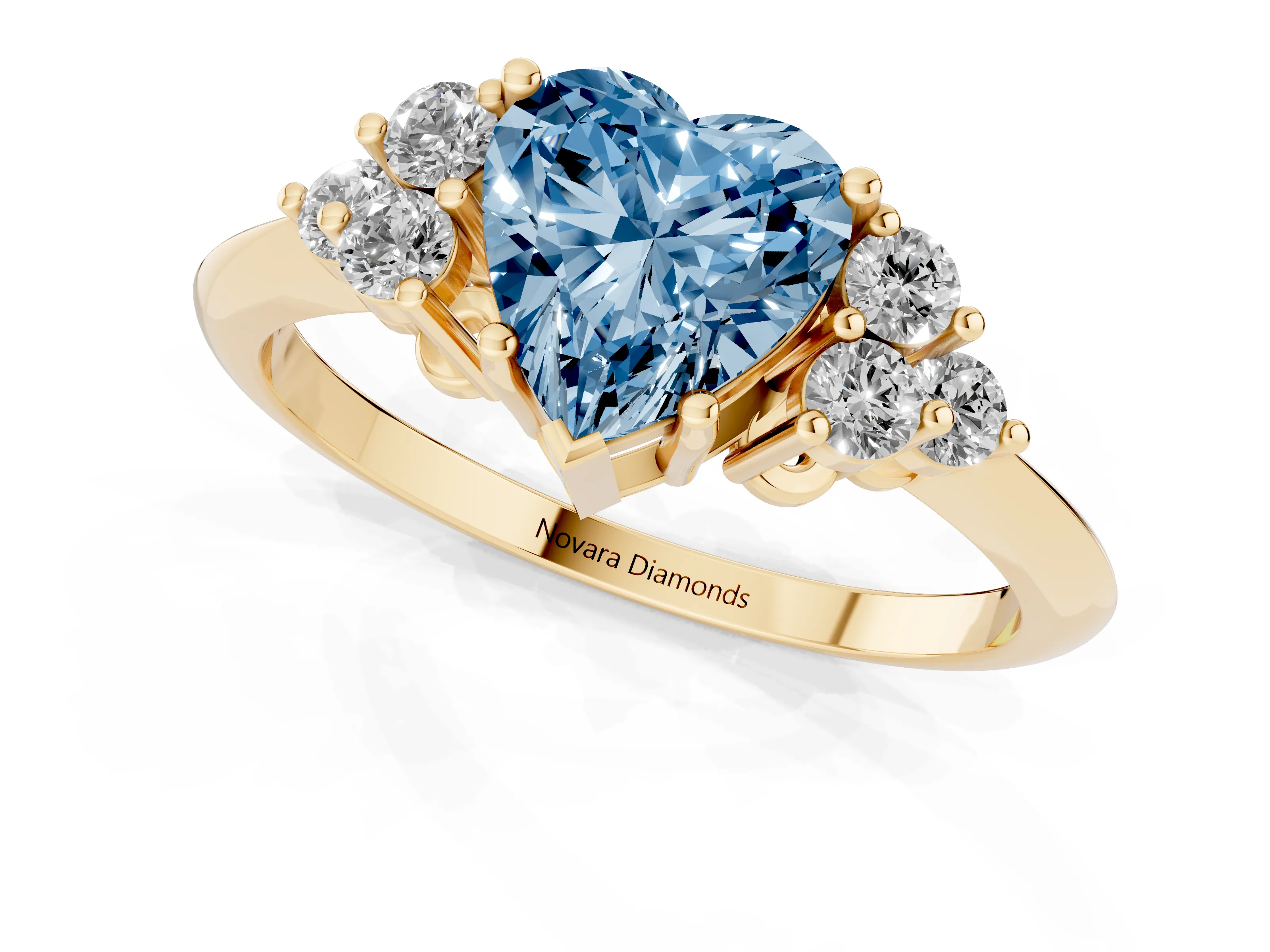 Fancy Blue Heart Cut Diamond Cluster Ring Set in Yellow gold with Plain Band and Prong Setting – second view