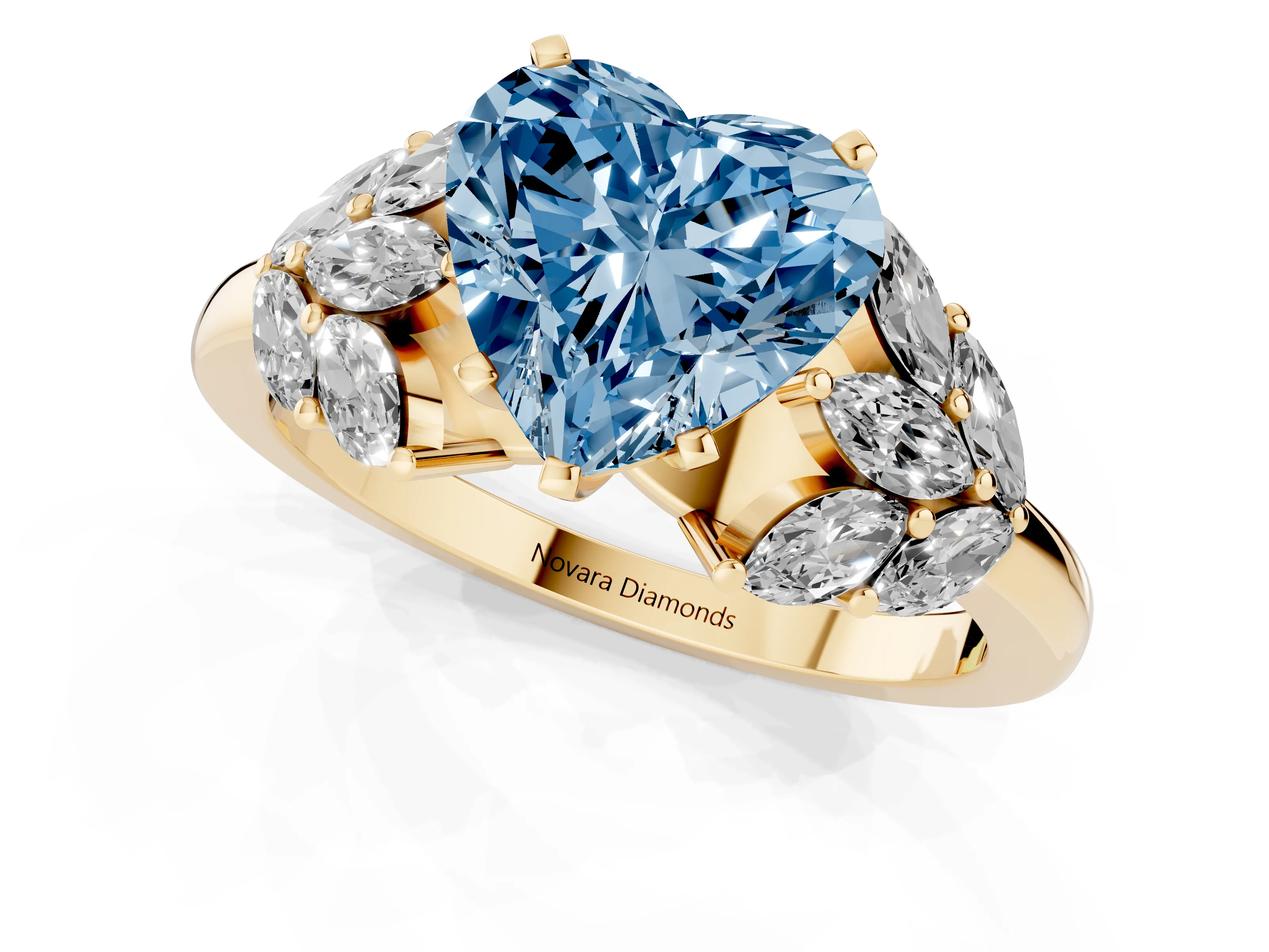 Fancy Blue Heart Cut Diamond Cluster Leaf Design Ring Set in Yellow gold with Prong Setting
