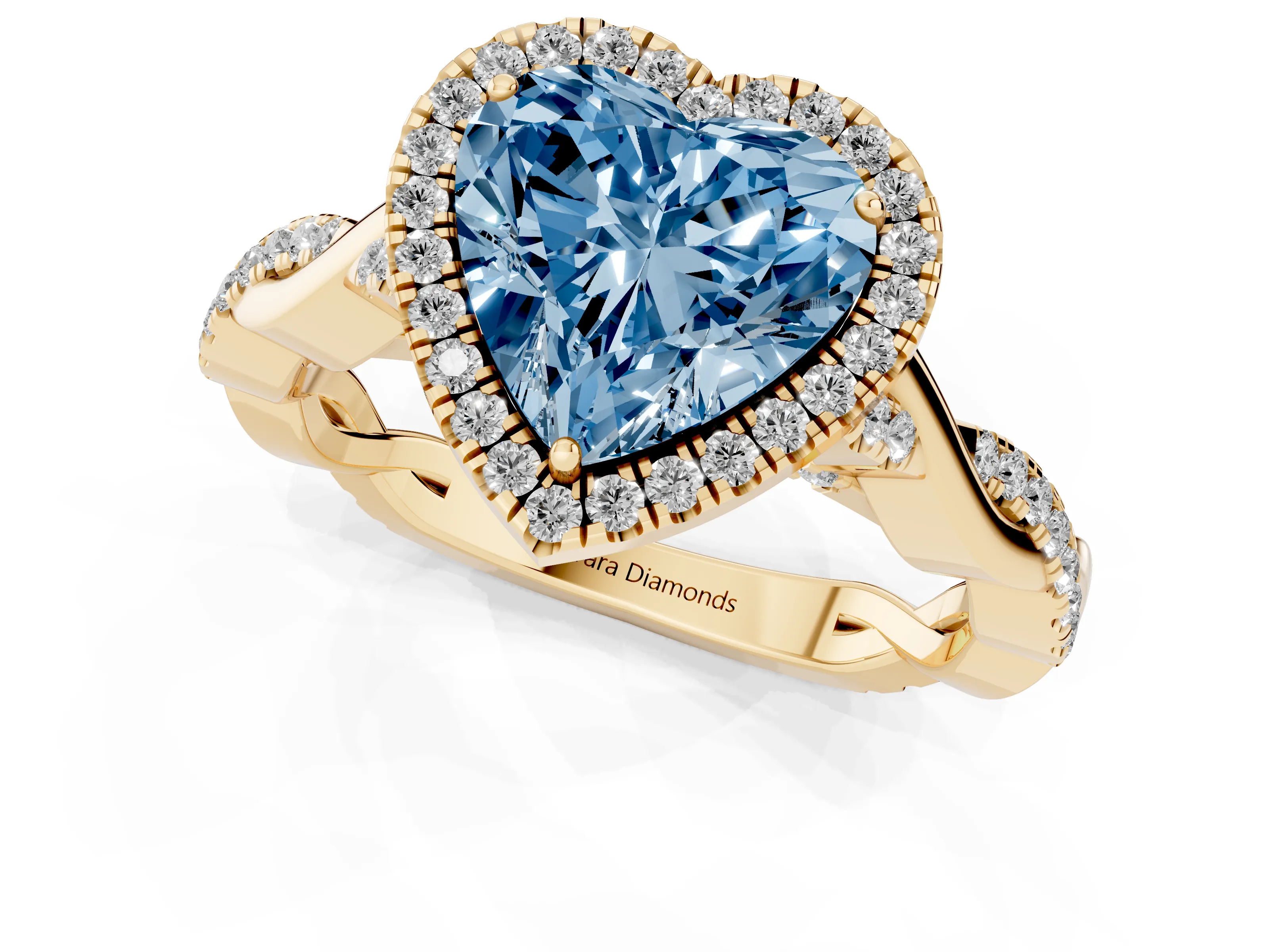 Fancy Blue Heart Cut Diamond Halo Twist Band Solitaire Ring Set in Yellow gold with Prong Setting