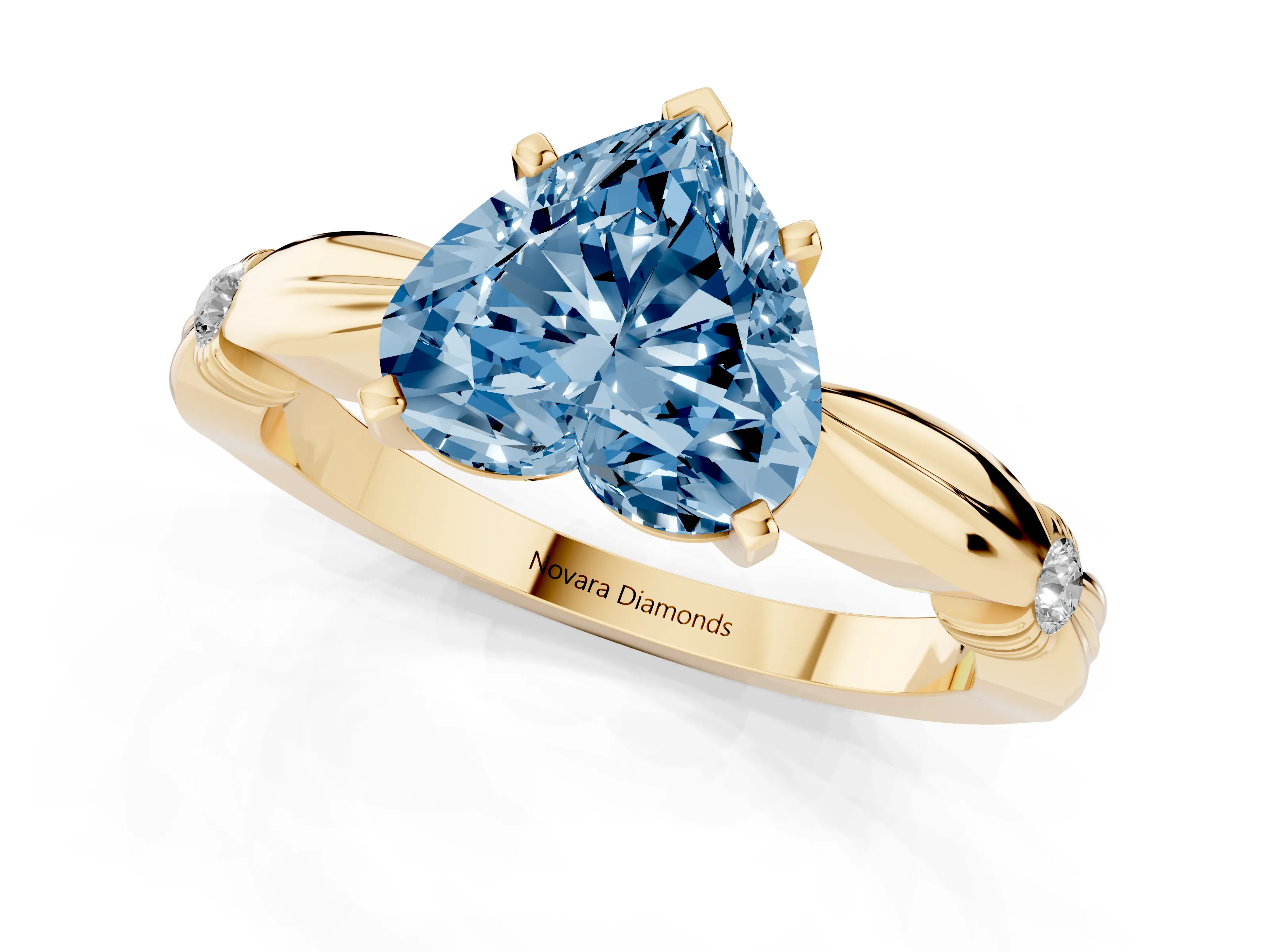 Fancy Blue Heart Cut Diamond Solitaire Twisted Band Ring Set in Yellow gold with Accent Stones and Prong Setting – second view