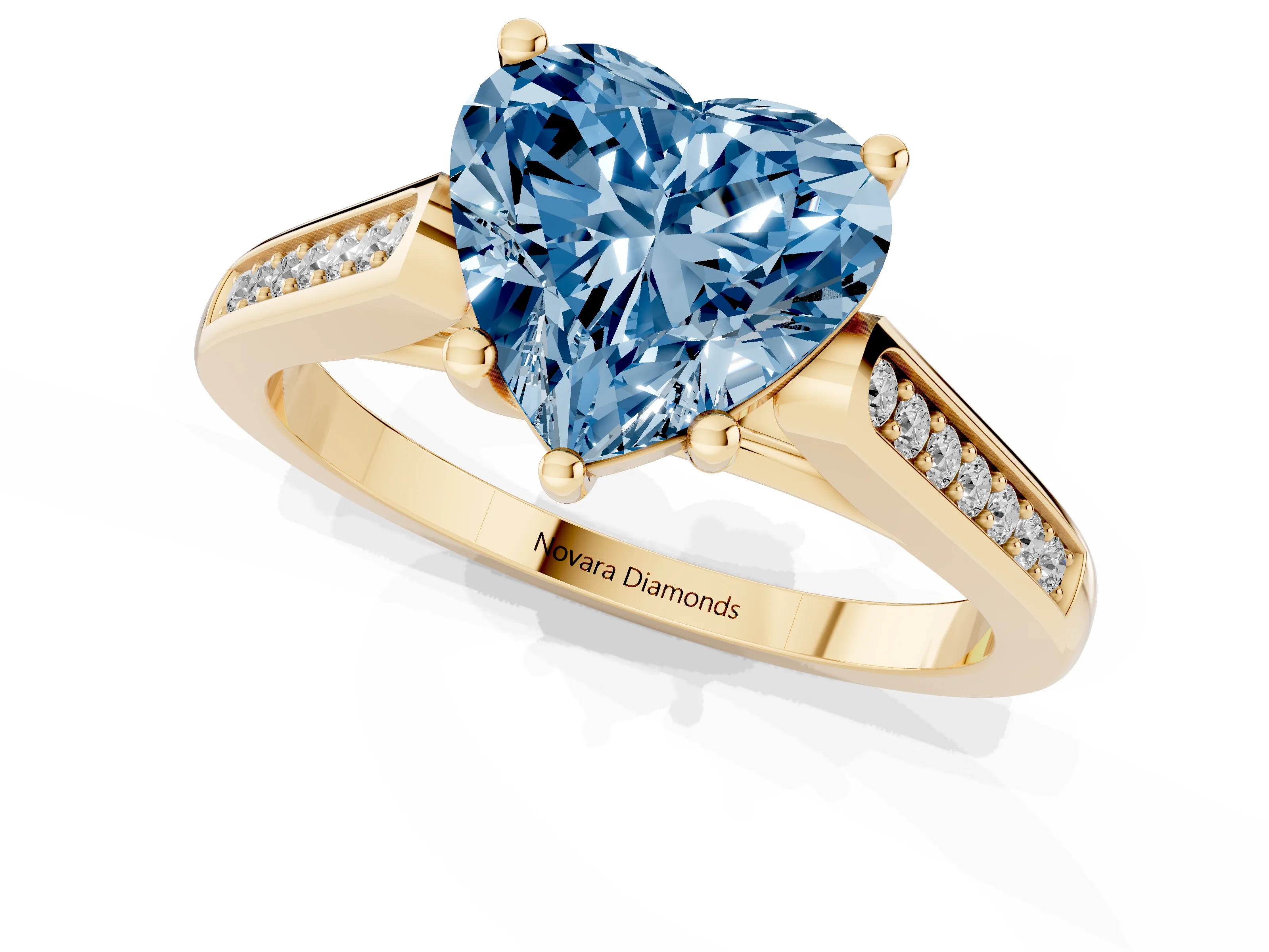 Fancy Blue Heart Cut Diamond Solitaire Cathedral Engagement Ring Set in Yellow gold with Channel-Set Band and Prong Setting